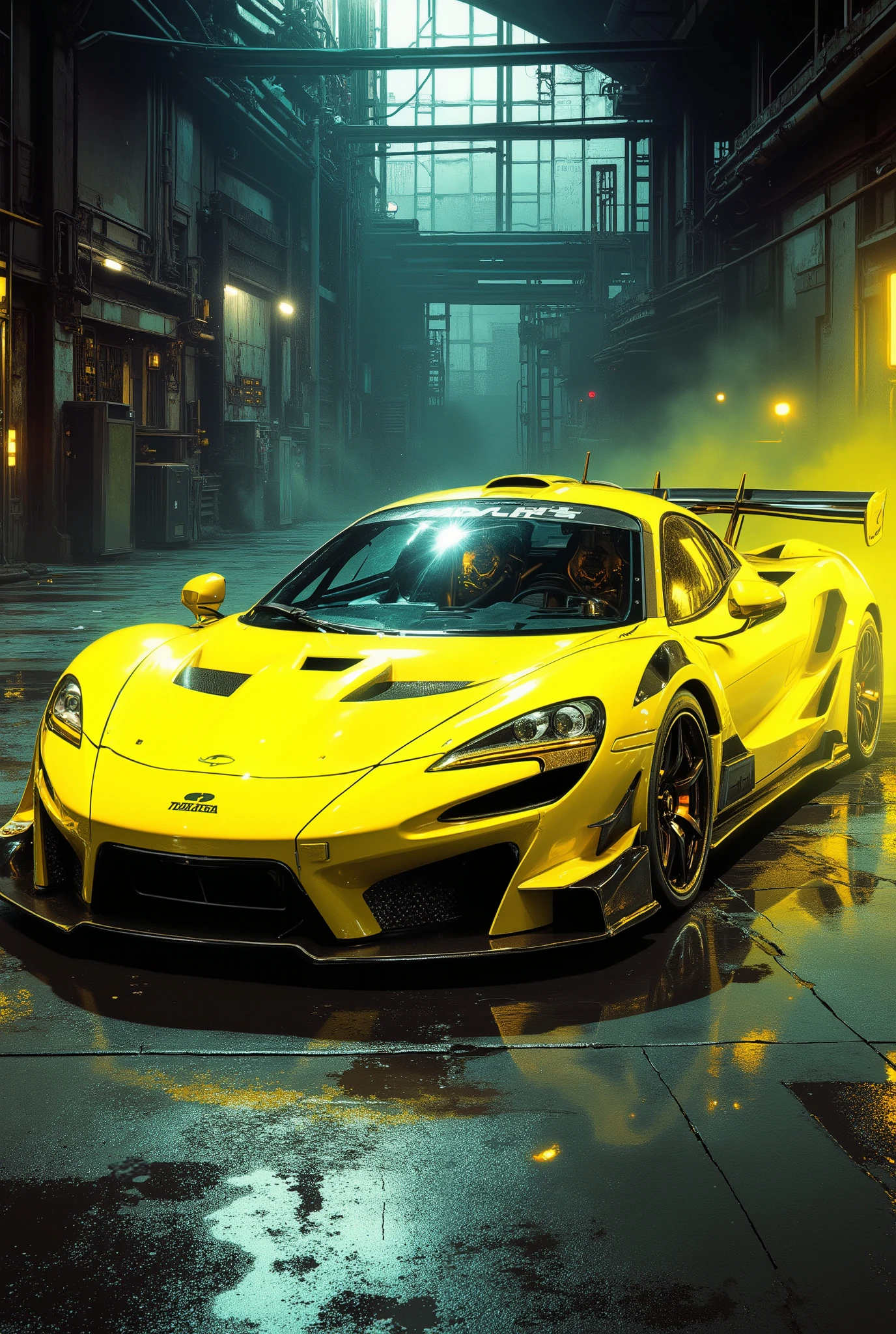 industrial poster of a neon yellow McLaren F1 GTR, low-angle shot, dynamic perspective, dramatic studio lighting with strong backlight and neon yellow accents, smoky atmosphere, dark concrete studio, professional photography, hyperdetailed, vintage sci-fi style, winkpunk aesthetic