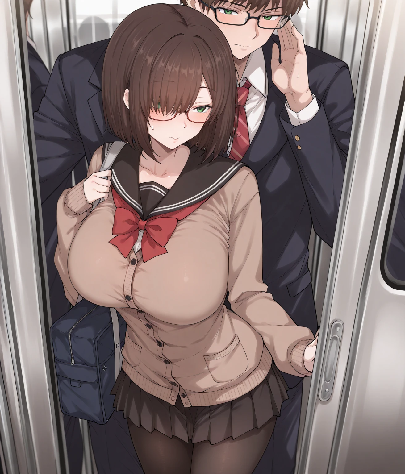 1 girl, blushing, aroused face, big eye, asian girl, small head, pretty girl, korean girl,
pictorial lighting,
((slim body)), (small ),
Dynamic angle, many ear piercings,
score_9, score_8_up, score_7_up, score_6_up, score_5_up, score_4_up, 1girl, (molested, ), redhead, round glasses, brown eyes, standing coat,  ,  harness,  aureola, high band,  apart, shy ,( flushed:1.3),( blush:1.3),( sweat:1.5) crowded subway, crowd, people, wide  , flashing,(creampie, , trembling, quivering, sweating, oiled, extreme nervous, extreme worried, looking up, nervous) wet skin