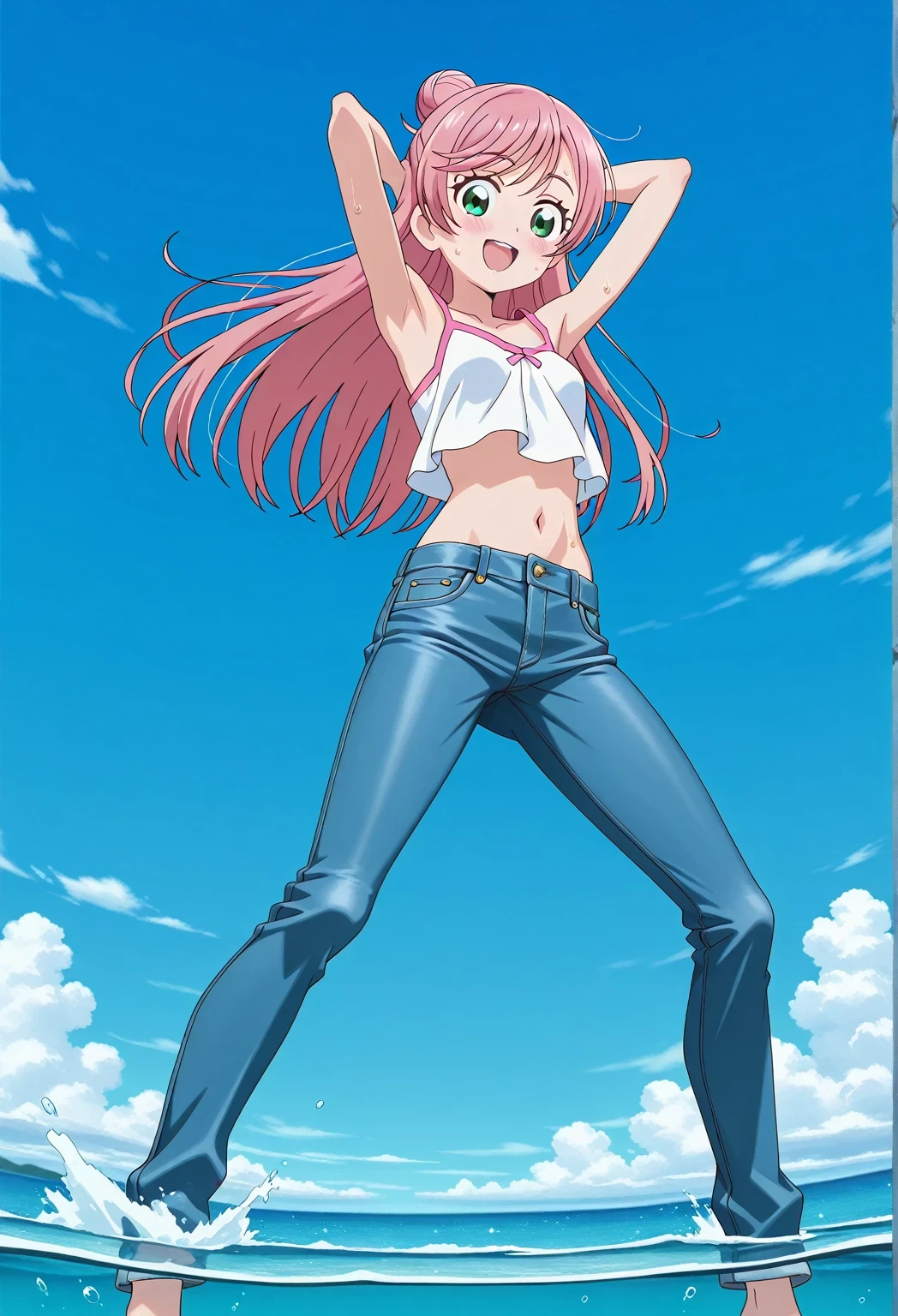 score_9, score_8_up, score_7_up, source_anime, highres, hi res, ((best quality, top quality, perfect quality, Highest Quality, amazing quality)), {{masterpiece}}, {{an extremely delicate and beautiful}}, 2d, intricate details, official style, anime, 8k, anime style, official_anime, official art, digital painting, cell shading, soft shading, high resolution, soothing tones, Subdued Color, Soft cinematic light, adobe lightroom, photolab, HDR, intricately and hyper-detailed, ((high quality animation)), 1 girl, Alone, solo, ((ocean)), tsunami, on the water, day, sunny, outdoors, sky, windy, nijigaoka mashiro, Hirogaru Sky! Precure, green eyes, long hair, pink hair, hair bun, anime screencap, small breasts, white camisole top, crop top, white crop top, best quality, hyper-detailed jeans, ((blue jeans:1.9)), (dark blue jeans:0.6), full medium body, medium shot, Open mouth, smiling, happy face, blush, sweat, standing, ((arms behind head:6.0)), ((perfect arm line:2.5)), bowlegged, jumping pose, action, looking at viewer, spread legs, Bend knees slightly, straight-on front view
