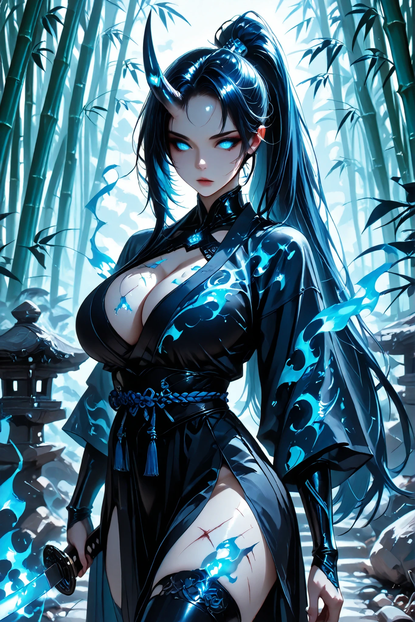 Coolgirl style, CoolgirlHDR,UHD, masterpiece, anatomically correct, super detail, best quality, high-res, 16k, 1girl, solo, long straight hair with one ponytail dark blue color, half face blue oni mask, one large horn from side of head, glowing blue eyes, traditional clothes, long coat over, big breasts, cleavage, corruption on body, scars, holding katana, long rock stairway, bamboo forest background, flaming weapon, blue flame