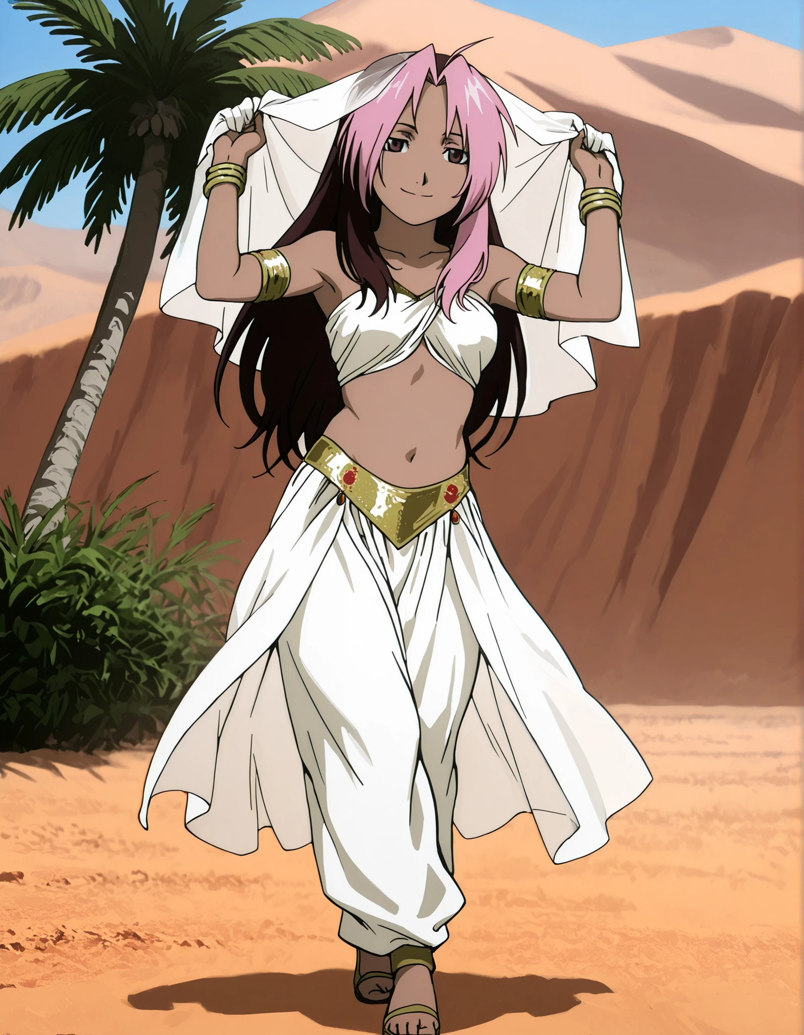 (1girl:1 . 5) , (Seul:1 . 5) , score_9 , score_8_haut , score_7_haut , source_anime , Official work , ultra-detailed , masterpiece , best quality , high resolution , beaux yeux , detailed eyes , Detailed face , beautiful detailed eyes,1girl,long hair, brown hair, pink hair, ahoge, multicolored hair, dark skin, two-tone hair, dark-skinned female, split-color hair, dyed bangs,Fullmetal Alchemist,Rose Tomas,Arabian Clothes , Arabian Dancer Outfit ,belly dancer costume,belly dancer outfit ,full body,golden jewelery,armlet, belly dancing,desert lands,palm tree,seductive smile, dancing with veil, dynamic movement,dance posture, seductive pose