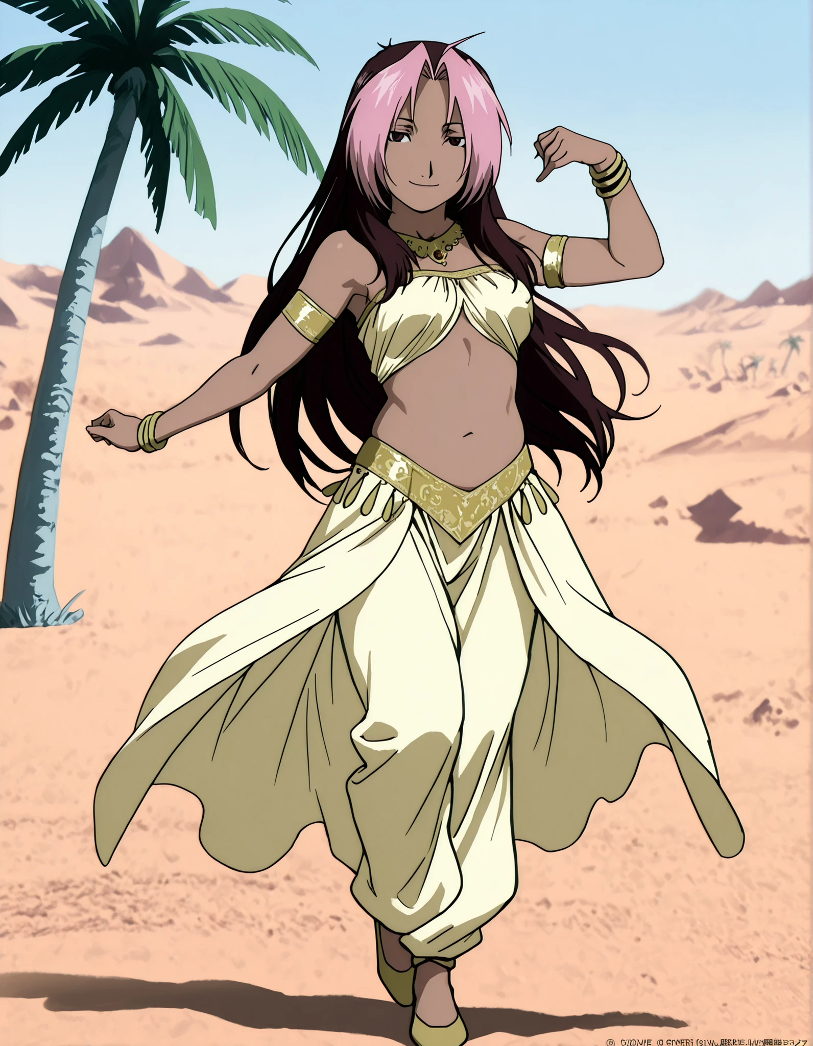 (1girl:1 . 5) , (Seul:1 . 5) , score_9 , score_8_haut , score_7_haut , source_anime , Official work , ultra-detailed , masterpiece , best quality , high resolution , beaux yeux , detailed eyes , Detailed face , beautiful detailed eyes,1girl,long hair, brown hair, pink hair, ahoge, multicolored hair, dark skin, two-tone hair, dark-skinned female, split-color hair, dyed bangs,Fullmetal Alchemist,Rose Tomas,Arabian Clothes , Arabian Dancer Outfit ,belly dancer costume,belly dancer outfit ,full body,golden jewelery,armlet, belly dancing,desert lands,palm tree,seductive smile, dancing with veil, dynamic movement,dance posture, seductive pose