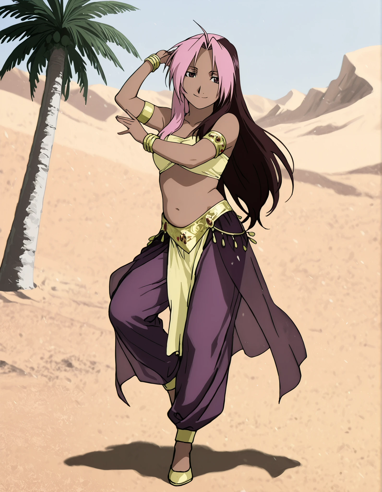 (1girl:1 . 5) , (Seul:1 . 5) , score_9 , score_8_haut , score_7_haut , source_anime , Official work  , ultra-detailed , masterpiece , best quality , high resolution , beaux yeux , detailed eyes , Detailed face , beautiful detailed eyes,1girl,long hair, brown hair, pink hair, ahoge, multicolored hair, dark skin, two-tone hair, dark-skinned female, split-color hair, dyed bangs,Fullmetal Alchemist,Rose Tomas,Arabian Clothes , Arabian Dancer Outfit ,belly dancer costume,belly dancer outfit ,full body,golden jewelery,armlet, belly dancing,desert lands,palm tree,seductive smile, dancing with veil, dynamic movement,dance posture, seductive pose