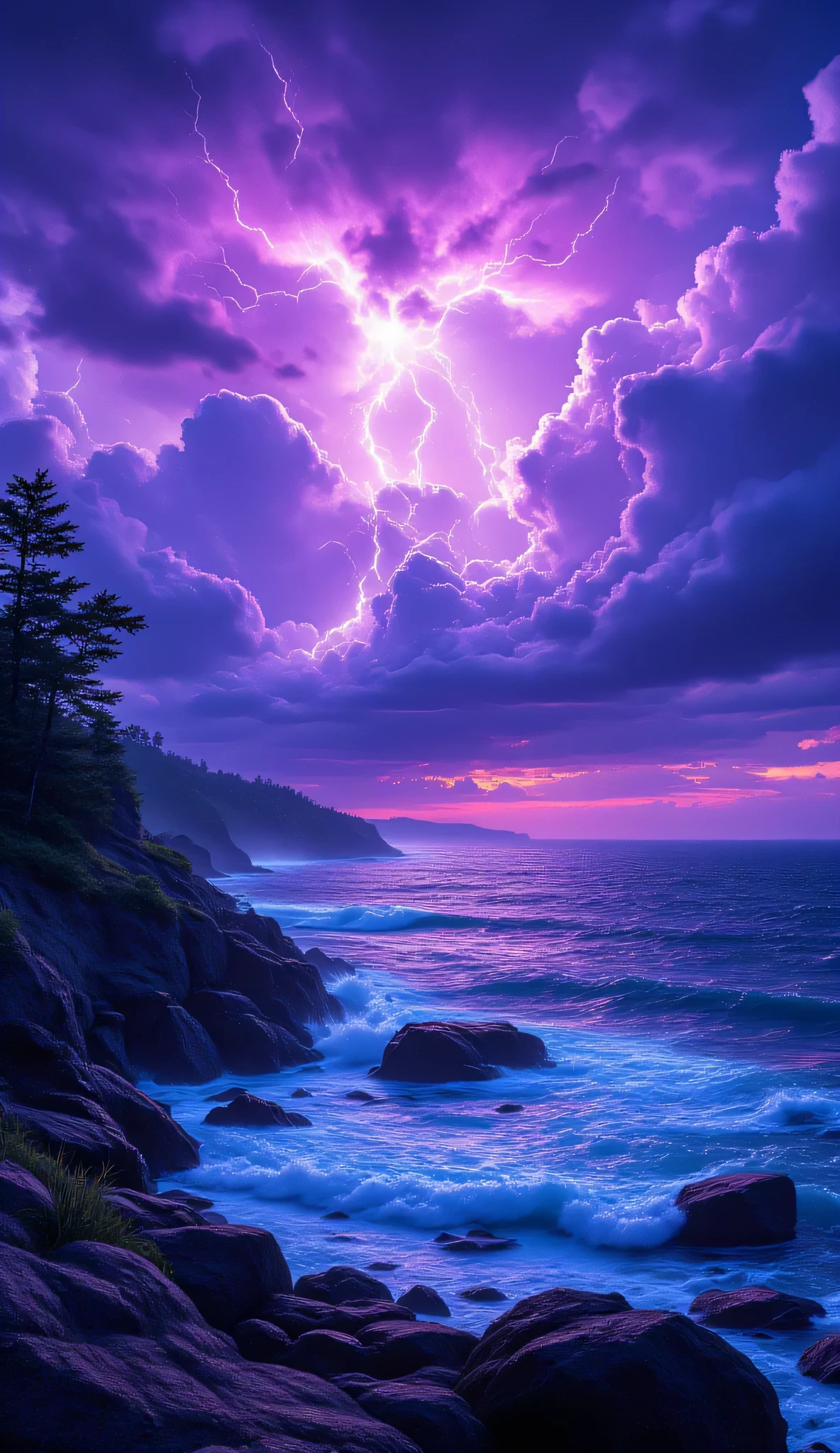 A stormy coastline beneath glowing clouds, lightning striking in vibrant purples and blues, illuminating sea spray and rocky cliffs like a living painting. hyperrealistic, ultra details, ultra quality, HDR, 8K, clear photo, vivid color, natural beauty