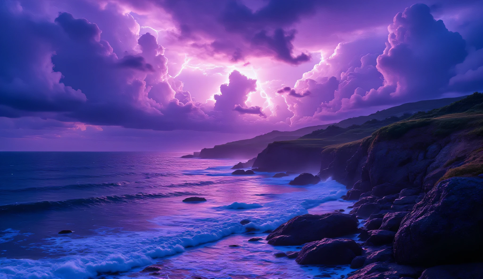 A stormy coastline beneath glowing clouds, lightning striking in vibrant purples and blues, illuminating sea spray and rocky cliffs like a living painting. hyperrealistic, ultra details, ultra quality, HDR, 8K, clear photo, vivid color, natural beauty