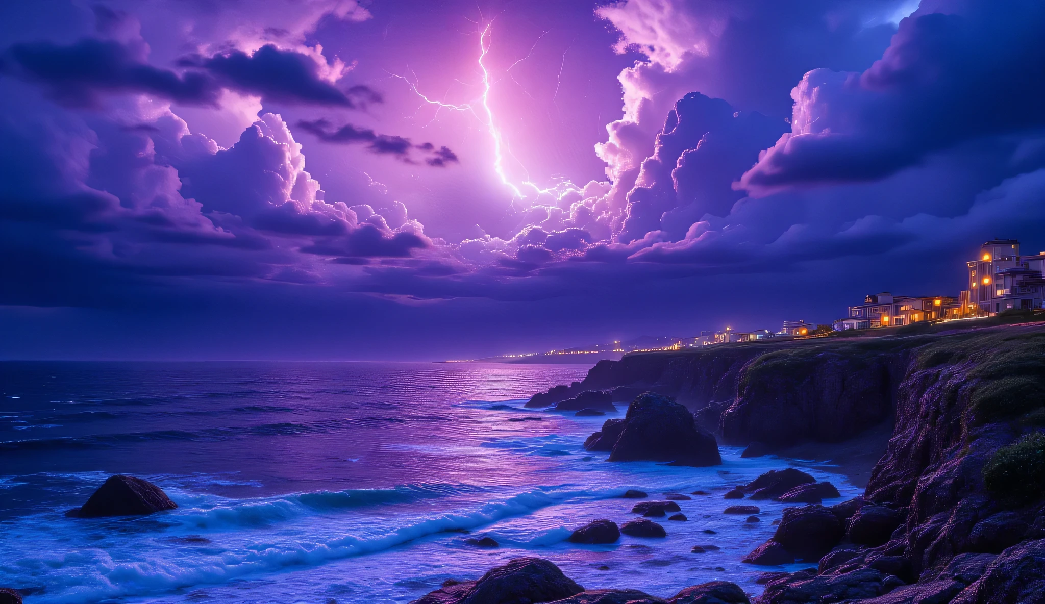 A stormy coastline beneath glowing clouds, lightning striking in vibrant purples and blues, illuminating sea spray and rocky cliffs like a living painting. hyperrealistic, ultra details, ultra quality, HDR, 8K, clear photo, vivid color, natural beauty