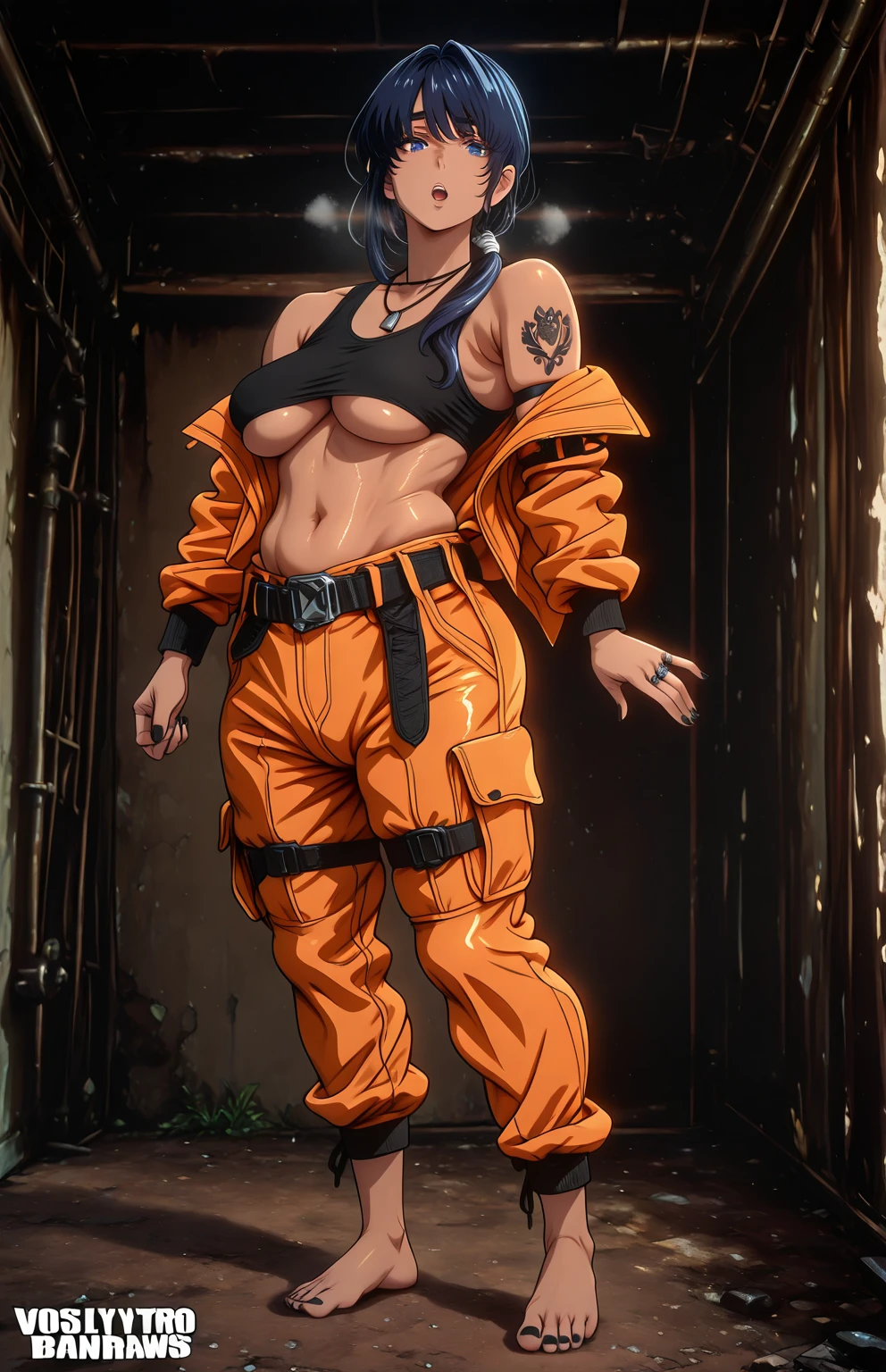 L_Cation2, Babu-style, Hgk, (yoshio_(55level)-style:1.4), (mostlybluewyatt-style:1.3), (aelion_draws-style:1.2), (imizu_(nitro_unknown)-style:1.3), (anime coloring, anime screencap), shiny skin, (voluptuous body:1.4), (mature female:1.4), (cellulite:1.3), ((vignetting)), ((anatomical correct)), ((Cinematic, high quality, newest, UHD, masterpiece)), perfect body, perfect eyes, perfect fingers, gasping, heavy breathing, gasping profusely, ((skindentation)), ((curvy)), hair over shoulder, low ponytail, blue hair, blue eyes, bright pupils, plump, sagging breasts, 1girl, breasts, jumpsuit, solo, ring, jewelry, tattoo, toe_ring, barefoot, dark-skinned_female, navel, dog_tags, black_background, black_nails, full_body, underboob, sports_bra, belt, necklace, looking_at_viewer, nail_polish, toenails, standing, orange_jacket, tank_top, black_sports_bra, muscular, open_mouth, off_shoulder, biceps 