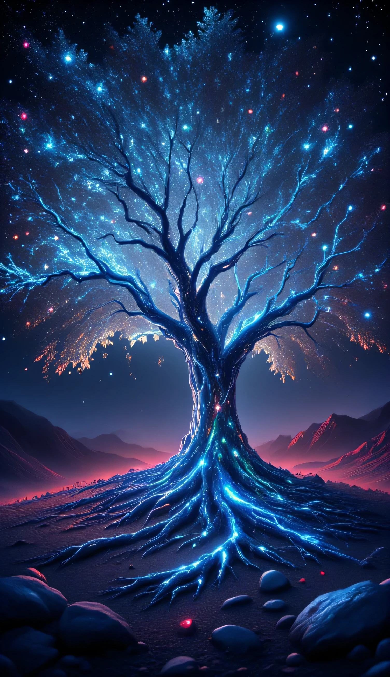 Ancient tree in the middle of a moonlit field, roots glowing faintly with blue veins of light, branches spreading wide like arms embracing the night. hyperrealistic, ultra details, ultra quality, HDR, 8K, clear photo, vivid color, natural beauty