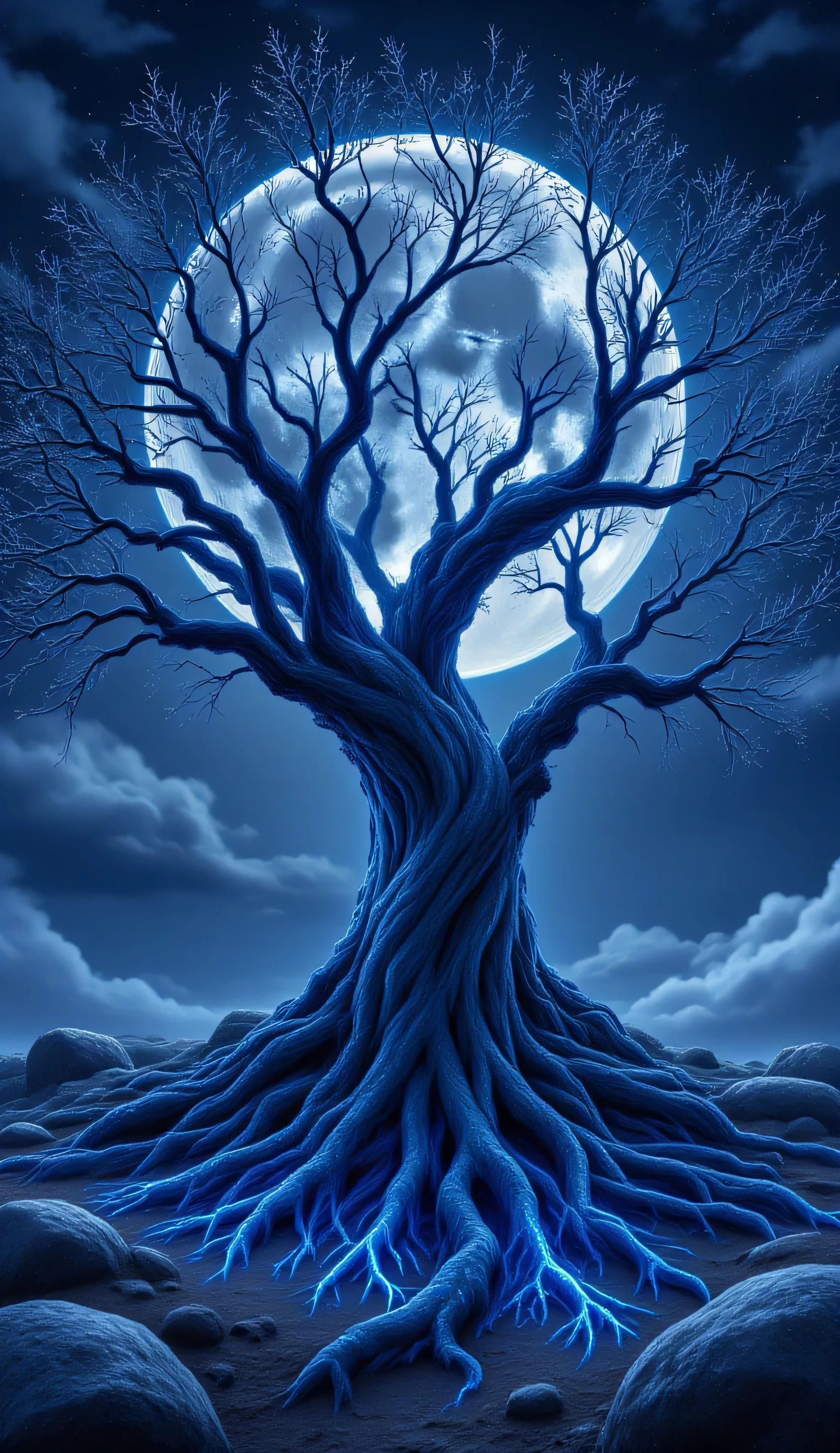 Ancient tree in the middle of a moonlit field, roots glowing faintly with blue veins of light, branches spreading wide like arms embracing the night. hyperrealistic, ultra details, ultra quality, HDR, 8K, clear photo, vivid color, natural beauty