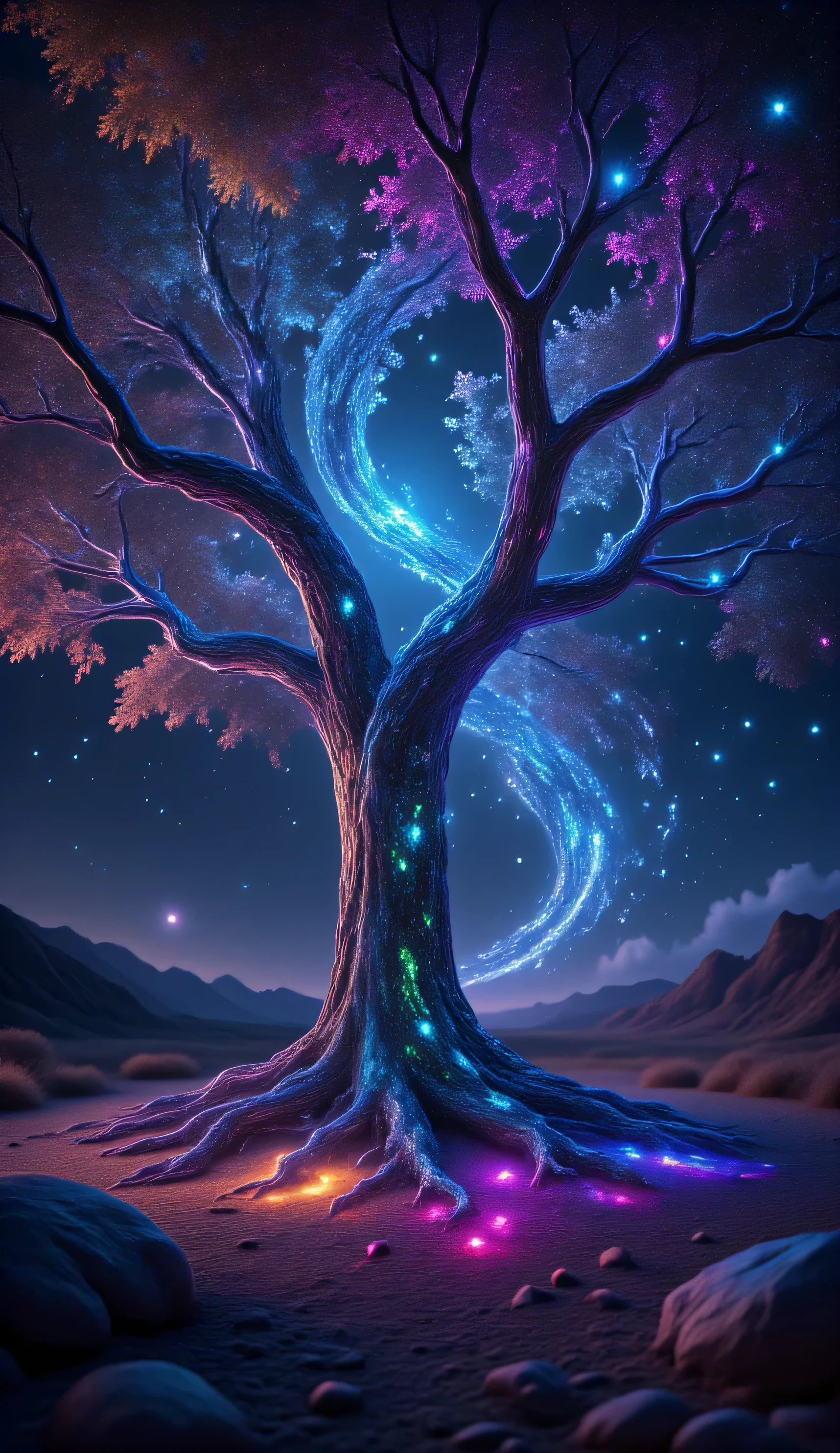Ancient tree in the middle of a moonlit field, roots glowing faintly with blue veins of light, branches spreading wide like arms embracing the night. hyperrealistic, ultra details, ultra quality, HDR, 8K, clear photo, vivid color, natural beauty