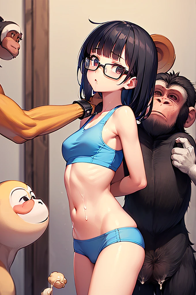 masterpiece, best quality,anime style, 1 girl,(((slender body))), (((small eyes,small breast,breast milk splashing from nipples,breastfeeding a baby))),(((tennis uniform,open your clothes,glasses))),(((((3 monkey grabbing the girl)))),((((cum)))), (beautiful face), (((short hair))), (((straight hair))), ((((black hair)))),detailed beautiful skin, (perfect hands, perfect anatomy),scream