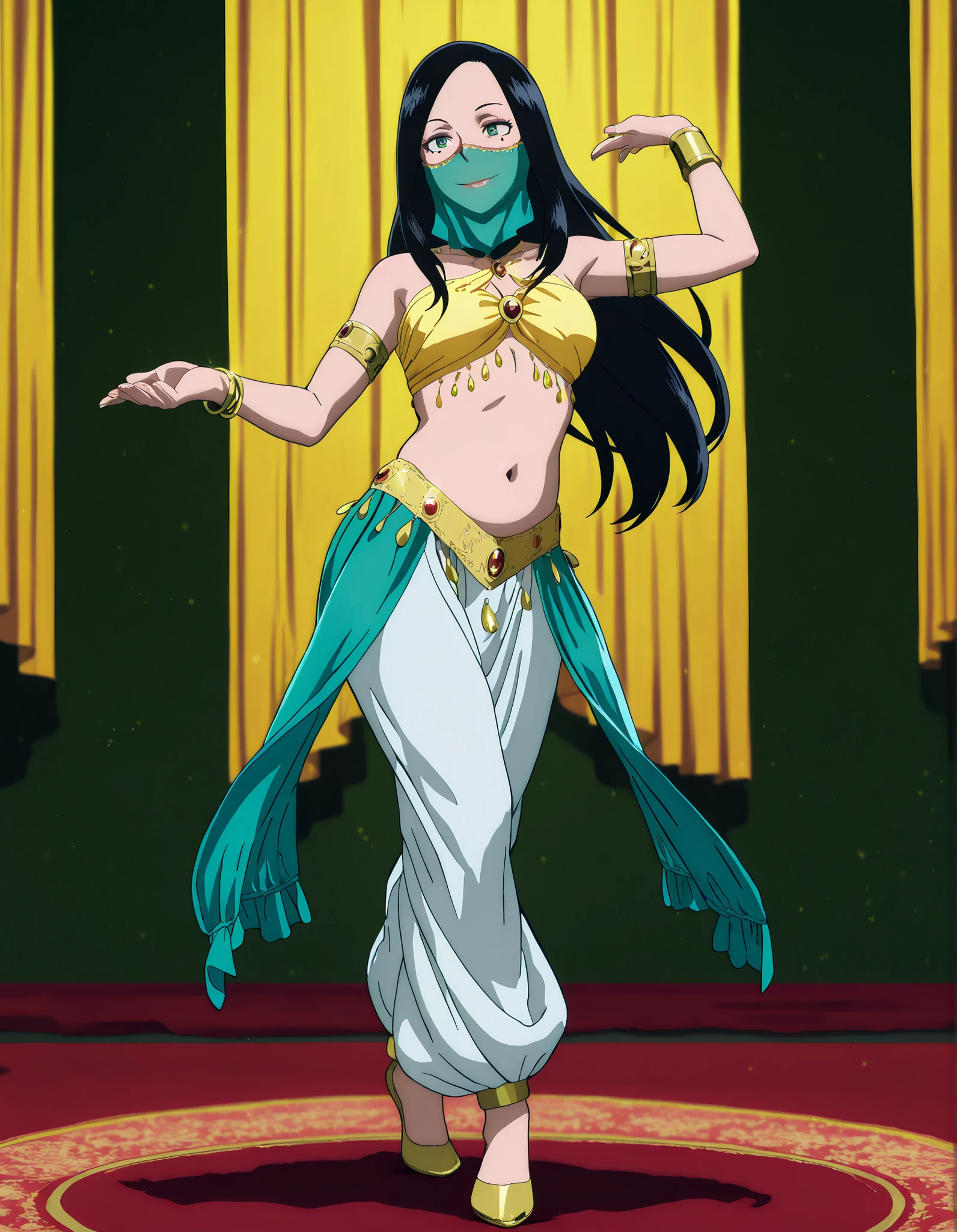 (1girl:1 . 5) , (Seul:1 . 5) , score_9 , score_8_haut , score_7_haut , source_anime , Official work , ultra-detailed , masterpiece , best quality , high resolution , beaux yeux , detailed eyes , Detailed face , beautiful detailed eyes,1girl, black hair, long hair, mole,green eyes,My Hero Academia Vigilantes,Makoto Tsukauchi,Arabian Clothes , Arabian Dancer Outfit ,belly dancer costume,belly dancer outfit ,full body,golden jewelery,mouth veil,armlet, belly dancing,arabian theater,seductive smile, dancing with veil, dynamic movement,dance posture, seductive pose