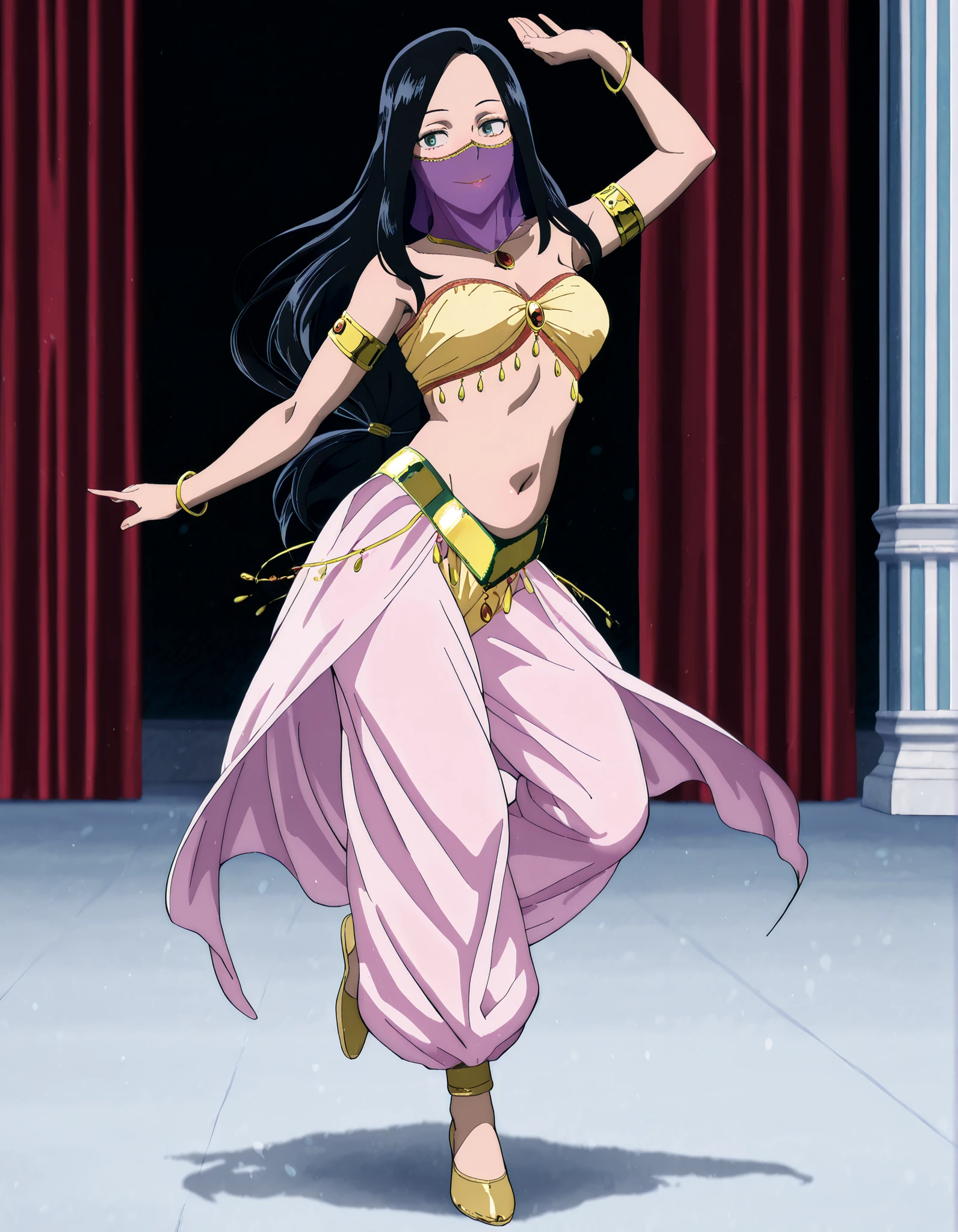 (1girl:1 . 5) , (Seul:1 . 5) , score_9 , score_8_haut , score_7_haut , source_anime , Official work  , ultra-detailed , masterpiece , best quality , high resolution , beaux yeux , detailed eyes , Detailed face , beautiful detailed eyes,1girl, black hair, long hair, mole,green eyes,My Hero Academia Vigilantes,Makoto Tsukauchi,Arabian Clothes , Arabian Dancer Outfit ,belly dancer costume,belly dancer outfit ,full body,golden jewelery,mouth veil,armlet, belly dancing,arabian theater,seductive smile, dancing with veil, dynamic movement,dance posture, seductive pose