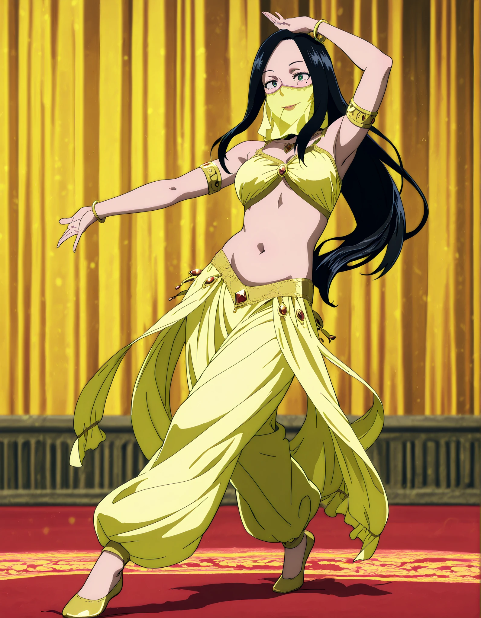 (1girl:1 . 5) , (Seul:1 . 5) , score_9 , score_8_haut , score_7_haut , source_anime , Official work  , ultra-detailed , masterpiece , best quality , high resolution , beaux yeux , detailed eyes , Detailed face , beautiful detailed eyes,1girl, black hair, long hair, mole,green eyes,My Hero Academia Vigilantes,Makoto Tsukauchi,Arabian Clothes , Arabian Dancer Outfit ,belly dancer costume,belly dancer outfit ,full body,golden jewelery,mouth veil,armlet, belly dancing,arabian theater,seductive smile, dancing with veil, dynamic movement,dance posture, seductive pose