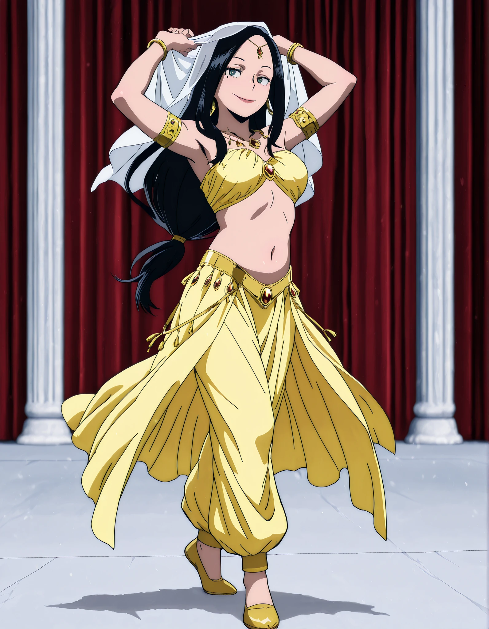 (1girl:1 . 5) , (Seul:1 . 5) , score_9 , score_8_haut , score_7_haut , source_anime , Official work , ultra-detailed , masterpiece , best quality , high resolution , beaux yeux , detailed eyes , Detailed face , beautiful detailed eyes,1girl, black hair, long hair, mole,green eyes,My Hero Academia Vigilantes,Makoto Tsukauchi,Arabian Clothes , Arabian Dancer Outfit ,belly dancer costume,belly dancer outfit ,full body,golden jewelery,armlet, belly dancing,arabian theater,seductive smile, dancing with veil, dynamic movement,dance posture, seductive pose