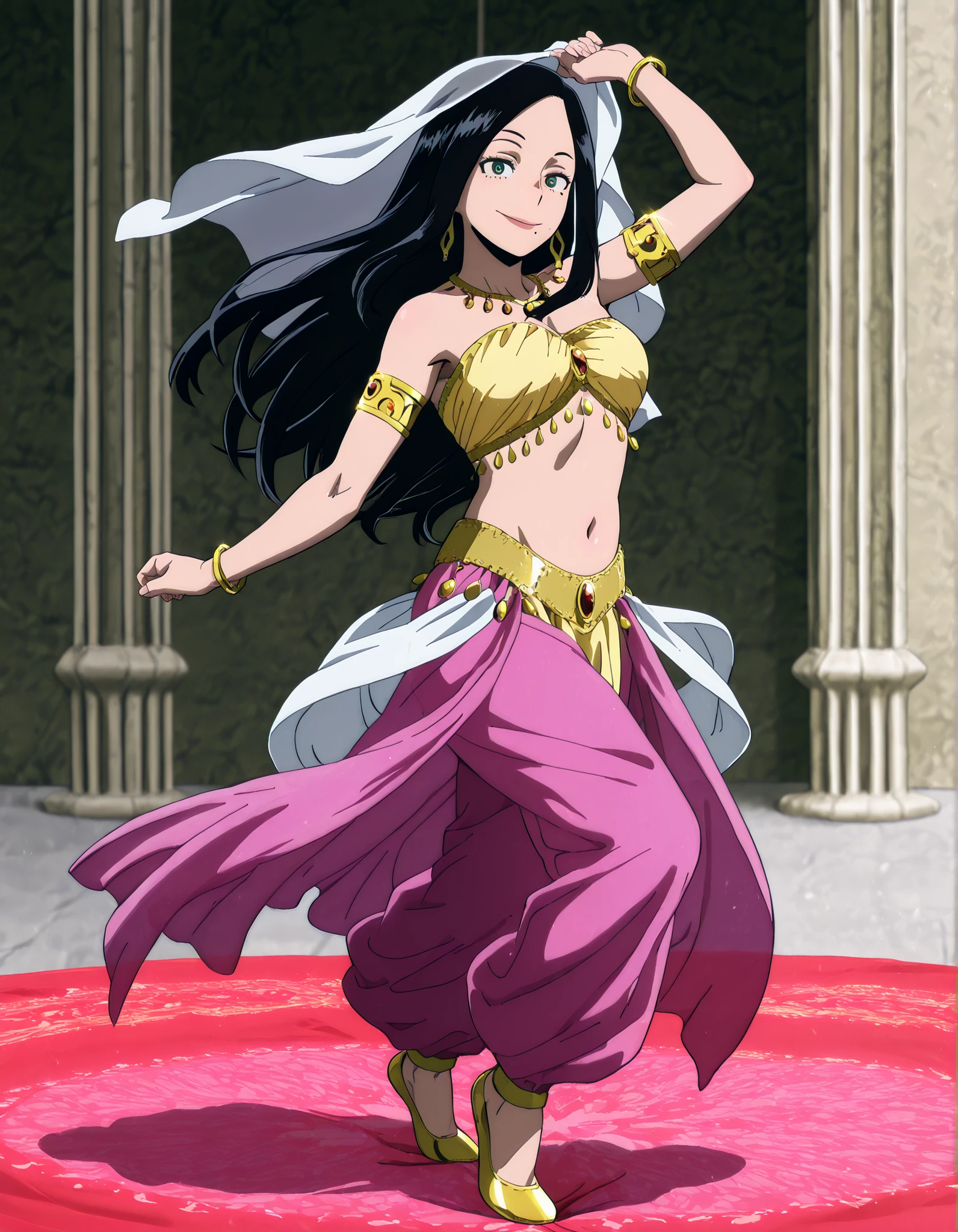 (1girl:1 . 5) , (Seul:1 . 5) , score_9 , score_8_haut , score_7_haut , source_anime , Official work , ultra-detailed , masterpiece , best quality , high resolution , beaux yeux , detailed eyes , Detailed face , beautiful detailed eyes,1girl, black hair, long hair, mole,green eyes,My Hero Academia Vigilantes,Makoto Tsukauchi,Arabian Clothes , Arabian Dancer Outfit ,belly dancer costume,belly dancer outfit ,full body,golden jewelery,armlet, belly dancing,arabian theater,seductive smile, dancing with veil, dynamic movement,dance posture, seductive pose