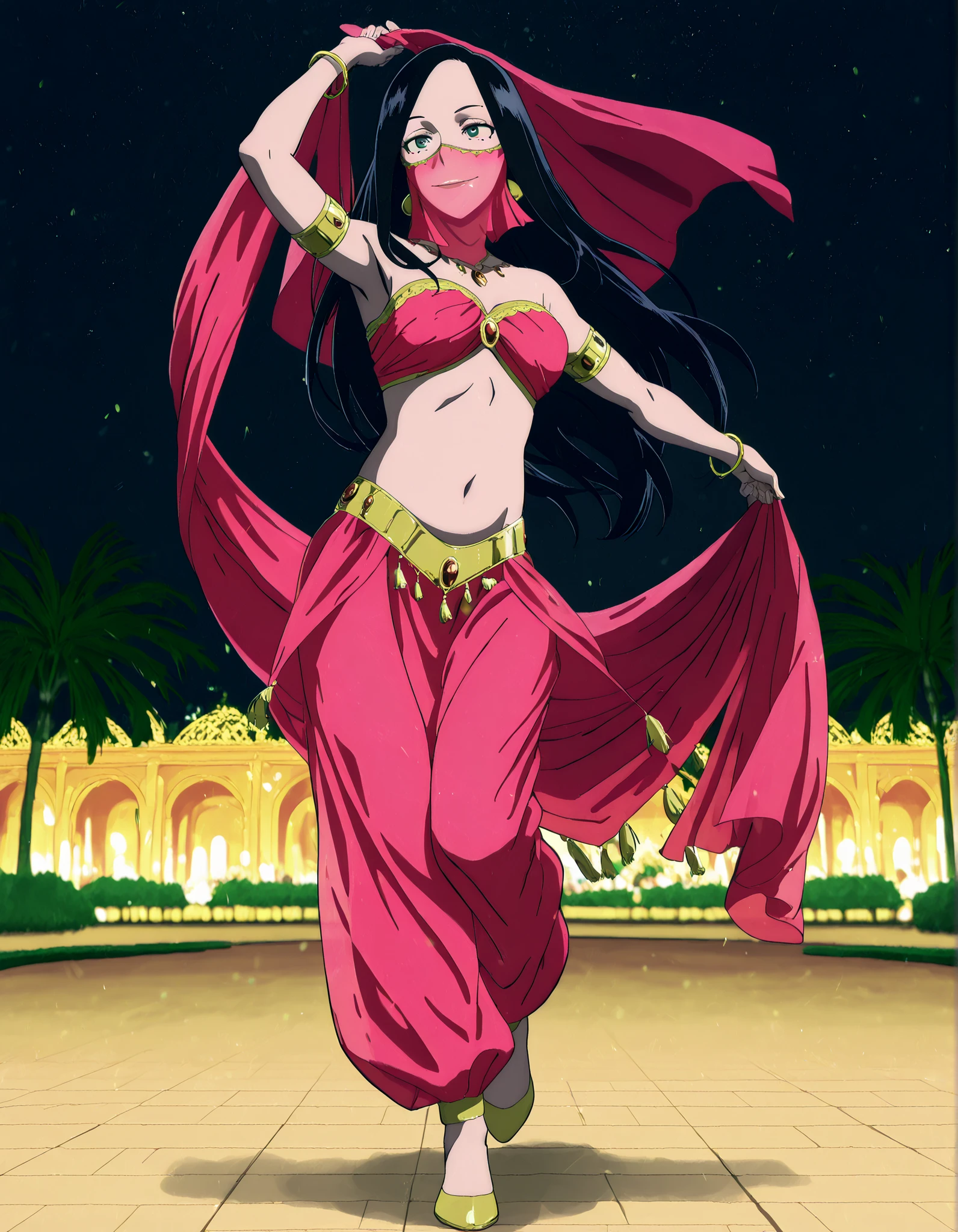 (1girl:1 . 5) , (Seul:1 . 5) , score_9 , score_8_haut , score_7_haut , source_anime , Official work , ultra-detailed , masterpiece , best quality , high resolution , beaux yeux , detailed eyes , Detailed face , beautiful detailed eyes,1girl, black hair, long hair, mole,green eyes,My Hero Academia Vigilantes,Makoto Tsukauchi,Arabian Clothes , Arabian Dancer Outfit ,belly dancer costume,belly dancer outfit ,full body,golden jewelery,mouth veil,armlet, belly dancing,night,arabian garden,seductive smile, dancing with veil, dynamic movement,dance posture, seductive pose