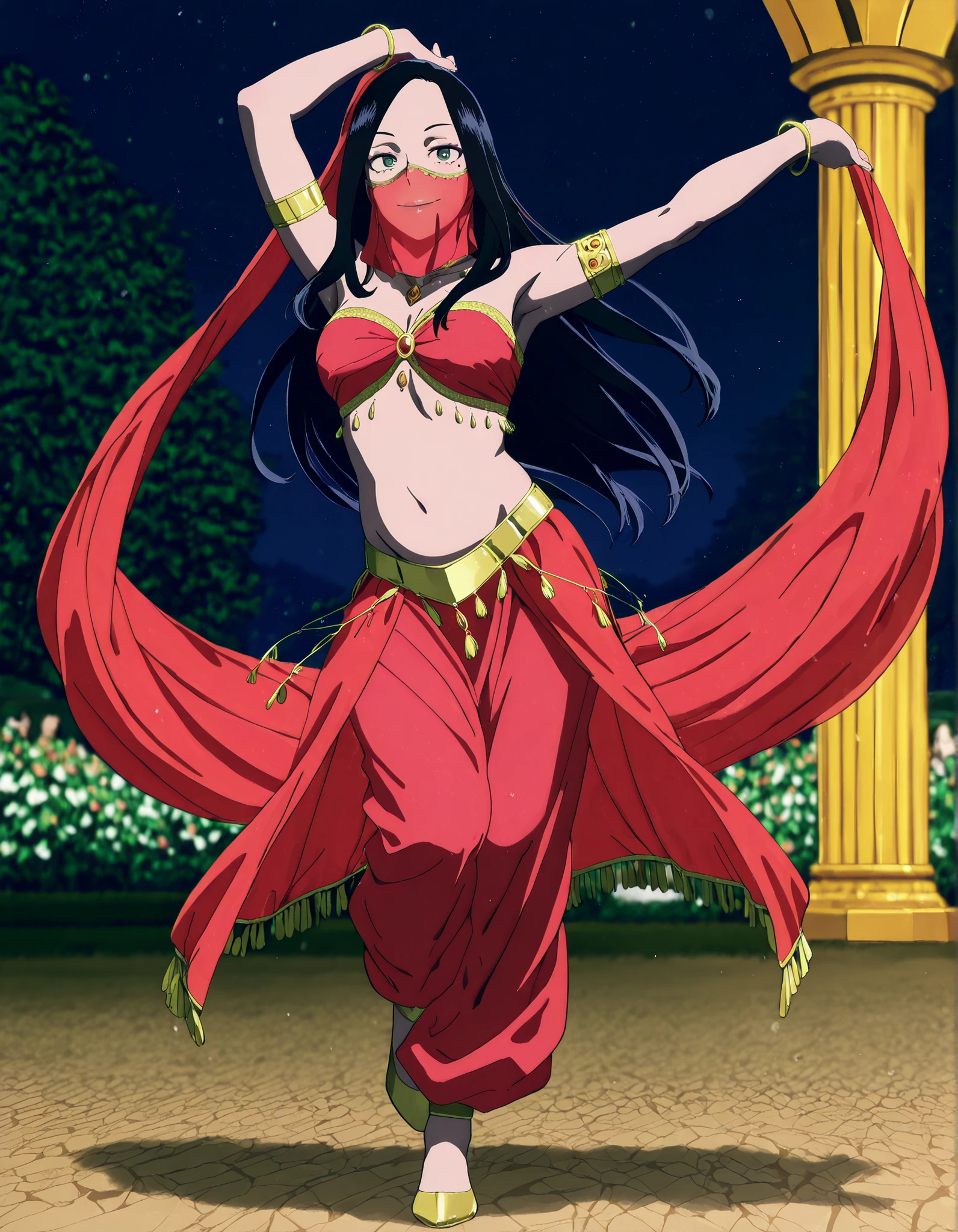(1girl:1 . 5) , (Seul:1 . 5) , score_9 , score_8_haut , score_7_haut , source_anime , Official work , ultra-detailed , masterpiece , best quality , high resolution , beaux yeux , detailed eyes , Detailed face , beautiful detailed eyes,1girl, black hair, long hair, mole,green eyes,My Hero Academia Vigilantes,Makoto Tsukauchi,Arabian Clothes , Arabian Dancer Outfit ,belly dancer costume,belly dancer outfit ,full body,golden jewelery,mouth veil,armlet, belly dancing,night,arabian garden,seductive smile, dancing with veil, dynamic movement,dance posture, seductive pose