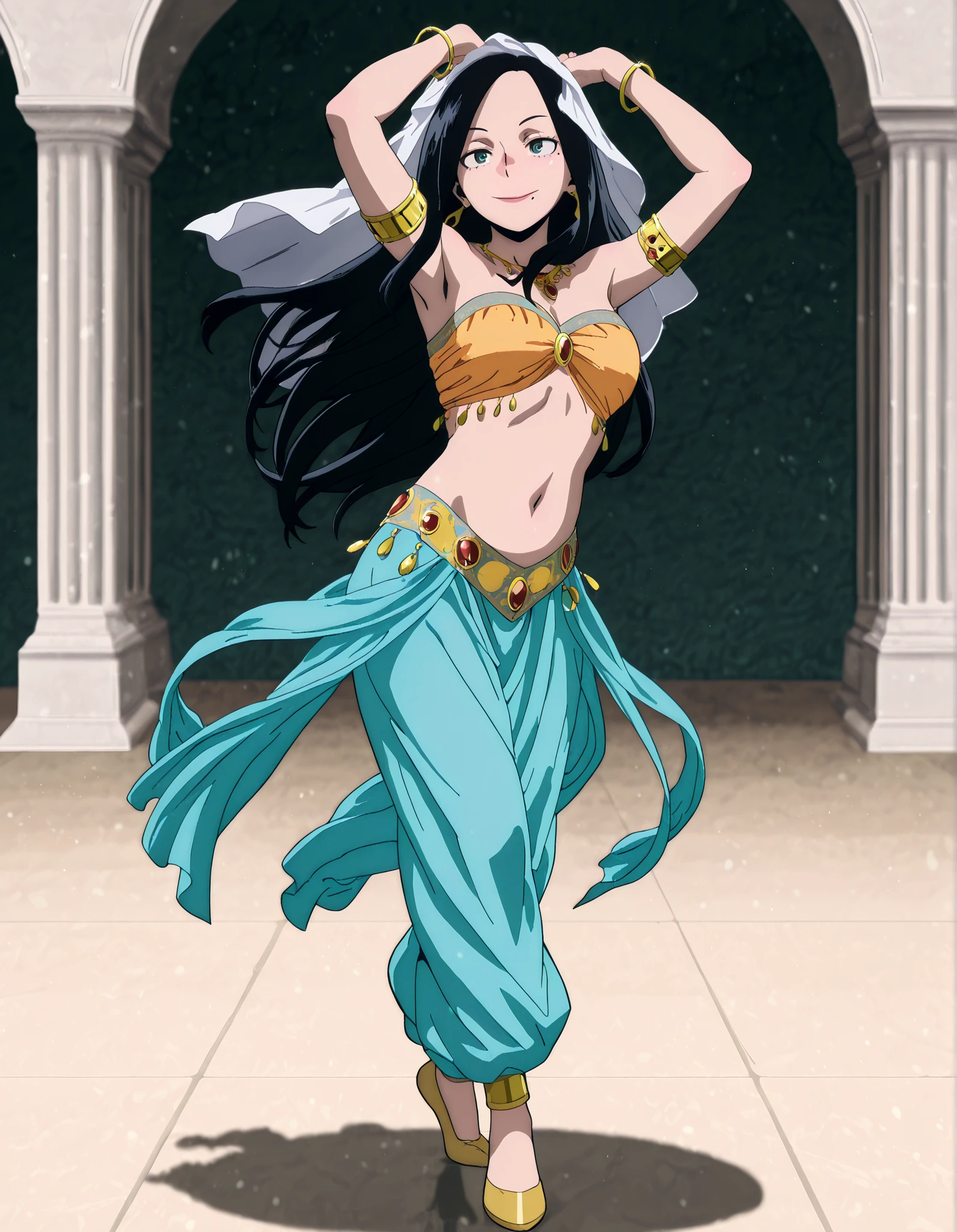 (1girl:1 . 5) , (Seul:1 . 5) , score_9 , score_8_haut , score_7_haut , source_anime , Official work , ultra-detailed , masterpiece , best quality , high resolution , beaux yeux , detailed eyes , Detailed face , beautiful detailed eyes,1girl, black hair, long hair, mole,green eyes,My Hero Academia Vigilantes,Makoto Tsukauchi,Arabian Clothes , Arabian Dancer Outfit ,belly dancer costume,belly dancer outfit ,full body,golden jewelery,armlet, belly dancing,arabian garden,seductive smile, dancing with veil, dynamic movement,dance posture, seductive pose