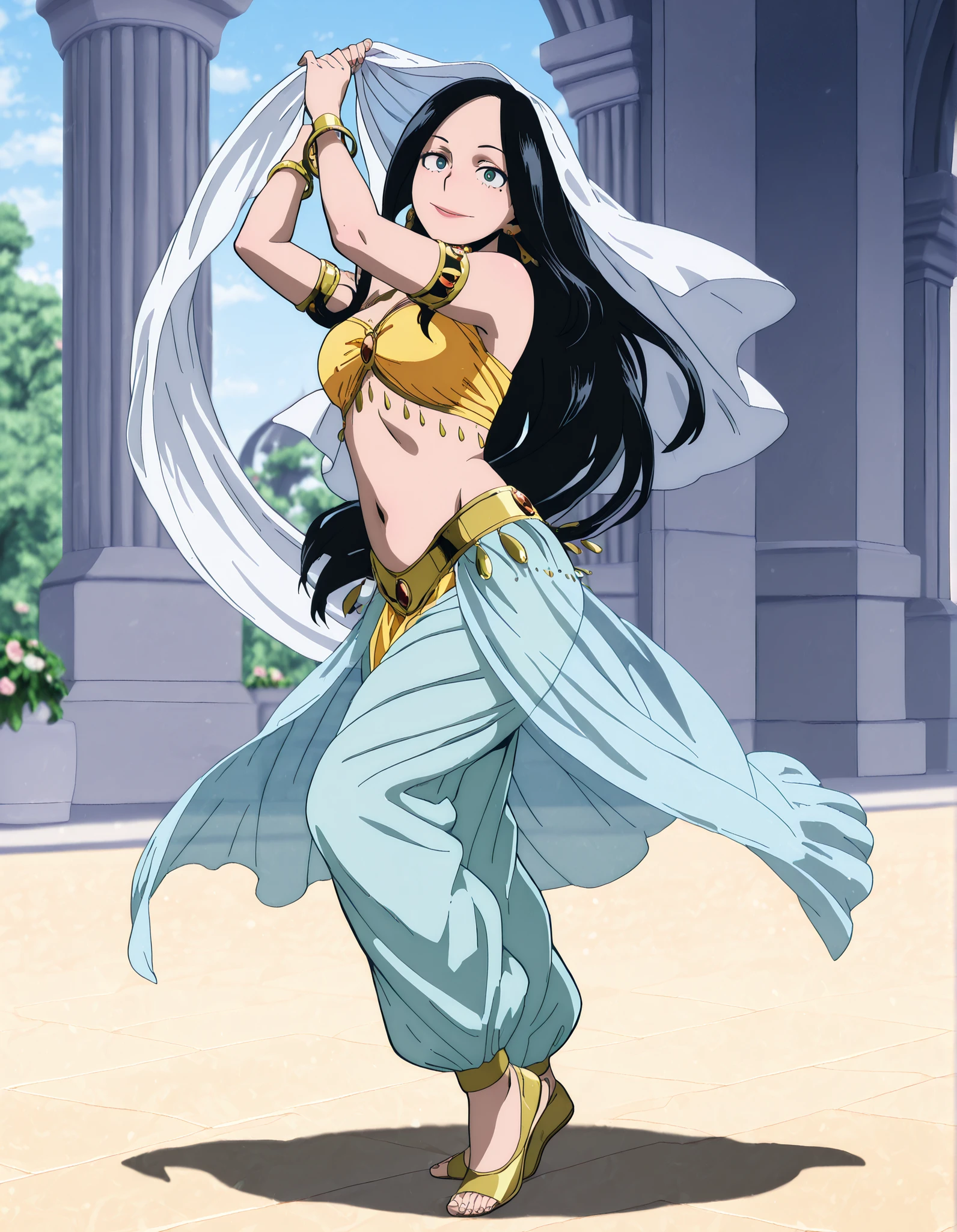 (1girl:1 . 5) , (Seul:1 . 5) , score_9 , score_8_haut , score_7_haut , source_anime , Official work  , ultra-detailed , masterpiece , best quality , high resolution , beaux yeux , detailed eyes , Detailed face , beautiful detailed eyes,1girl, black hair, long hair, mole,green eyes,My Hero Academia Vigilantes,Makoto Tsukauchi,Arabian Clothes , Arabian Dancer Outfit ,belly dancer costume,belly dancer outfit ,full body,golden jewelery,armlet, belly dancing,arabian garden,seductive smile, dancing with veil, dynamic movement,dance posture, seductive pose