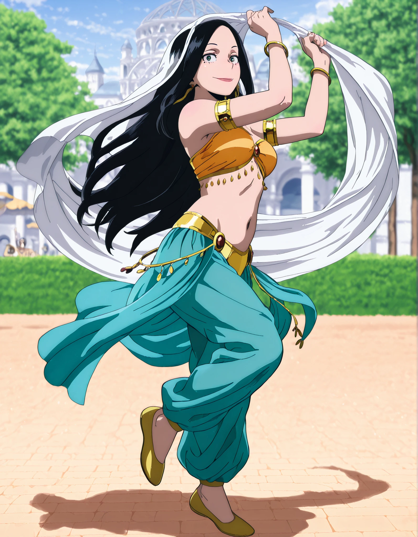 (1girl:1 . 5) , (Seul:1 . 5) , score_9 , score_8_haut , score_7_haut , source_anime , Official work  , ultra-detailed , masterpiece , best quality , high resolution , beaux yeux , detailed eyes , Detailed face , beautiful detailed eyes,1girl, black hair, long hair, mole,green eyes,My Hero Academia Vigilantes,Makoto Tsukauchi,Arabian Clothes , Arabian Dancer Outfit ,belly dancer costume,belly dancer outfit ,full body,golden jewelery,armlet, belly dancing,arabian garden,seductive smile, dancing with veil, dynamic movement,dance posture, seductive pose