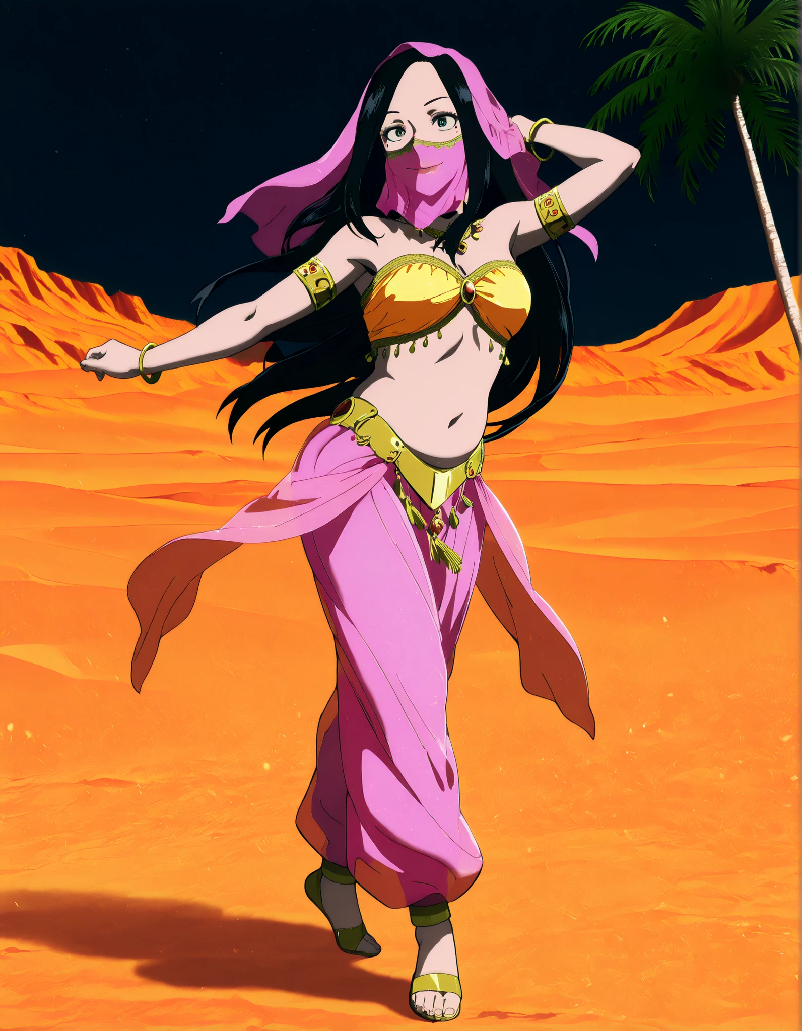 1girl:1 . 5) , (Seul:1 . 5) , score_9 , score_8_haut , score_7_haut , source_anime , Official work , ultra-detailed , masterpiece , best quality , high resolution , beaux yeux , detailed eyes , Detailed face , beautiful detailed eyes,1girl, black hair, long hair, mole,green eyes,My Hero Academia Vigilantes,Makoto Tsukauchi,Arabian Clothes , Arabian Dancer Outfit ,belly dancer costume,belly dancer outfit ,full body,golden jewelery,mouth veil,armlet, belly dancing,night,desert lands,palm tree,seductive smile, dancing with veil, dynamic movement,dance posture, seductive pose