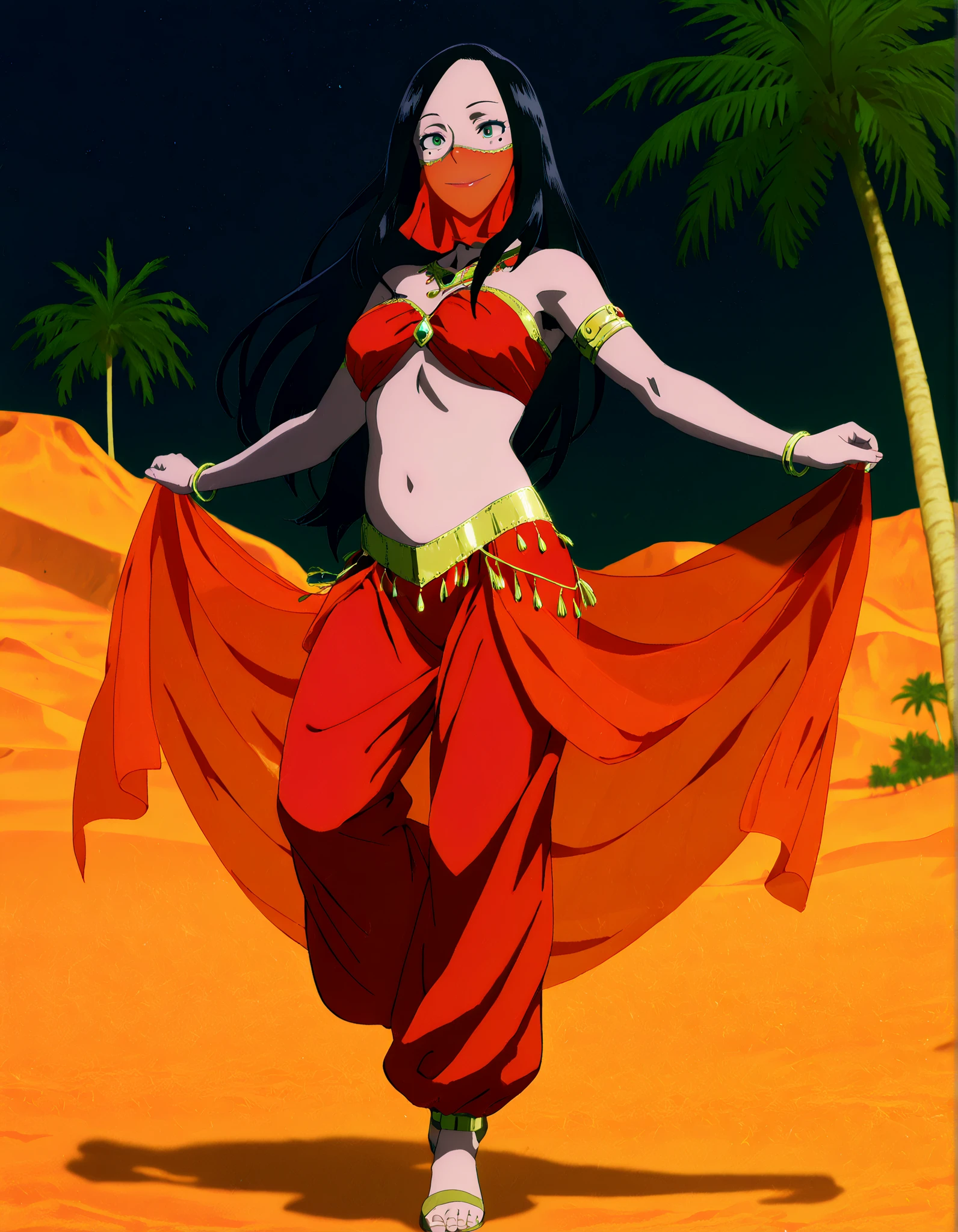 1girl:1 . 5) , (Seul:1 . 5) , score_9 , score_8_haut , score_7_haut , source_anime , Official work  , ultra-detailed , masterpiece , best quality , high resolution , beaux yeux , detailed eyes , Detailed face , beautiful detailed eyes,1girl, black hair, long hair, mole,green eyes,My Hero Academia Vigilantes,Makoto Tsukauchi,Arabian Clothes , Arabian Dancer Outfit ,belly dancer costume,belly dancer outfit ,full body,golden jewelery,mouth veil,armlet, belly dancing,night,desert lands,palm tree,seductive smile, dancing with veil, dynamic movement,dance posture, seductive pose