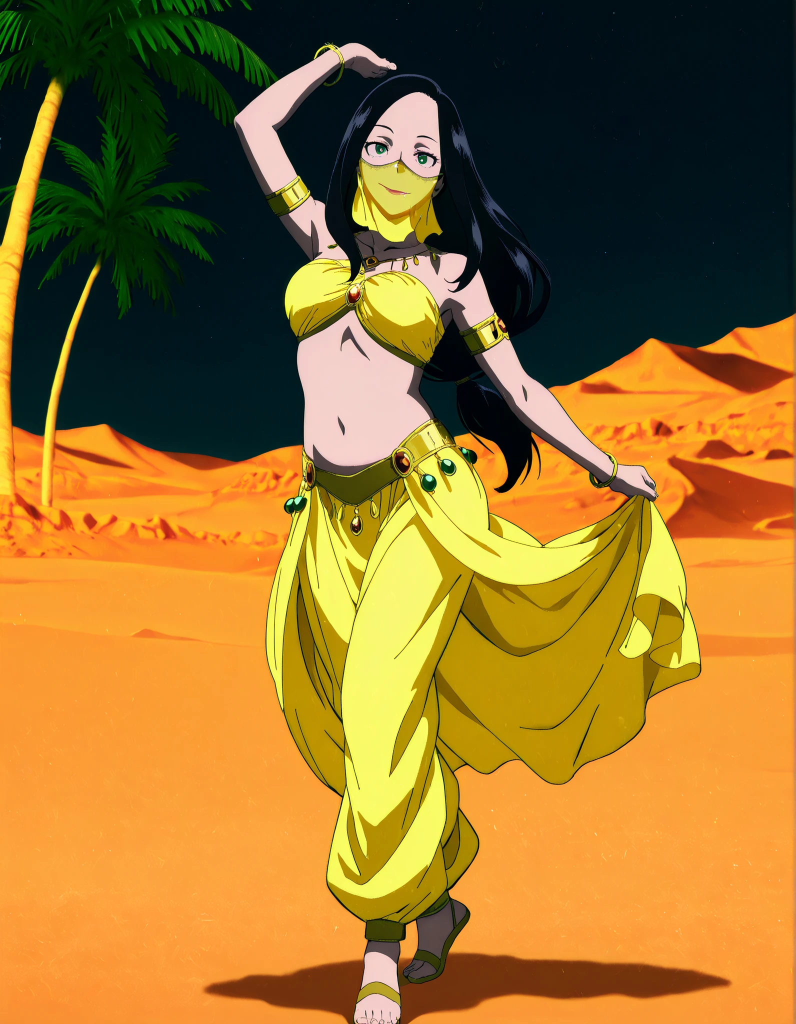 1girl:1 . 5) , (Seul:1 . 5) , score_9 , score_8_haut , score_7_haut , source_anime , Official work  , ultra-detailed , masterpiece , best quality , high resolution , beaux yeux , detailed eyes , Detailed face , beautiful detailed eyes,1girl, black hair, long hair, mole,green eyes,My Hero Academia Vigilantes,Makoto Tsukauchi,Arabian Clothes , Arabian Dancer Outfit ,belly dancer costume,belly dancer outfit ,full body,golden jewelery,mouth veil,armlet, belly dancing,night,desert lands,palm tree,seductive smile, dancing with veil, dynamic movement,dance posture, seductive pose