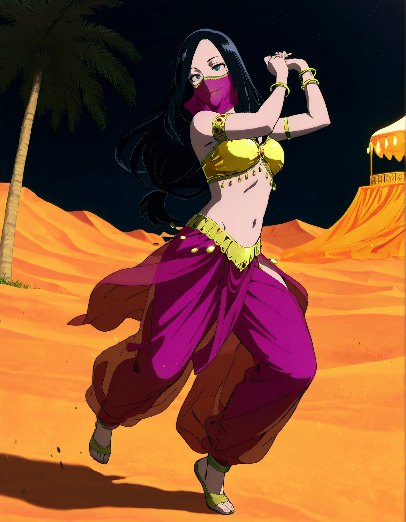 1girl:1 . 5) , (Seul:1 . 5) , score_9 , score_8_haut , score_7_haut , source_anime , Official work , ultra-detailed , masterpiece , best quality , high resolution , beaux yeux , detailed eyes , Detailed face , beautiful detailed eyes,1girl, black hair, long hair, mole,green eyes,My Hero Academia Vigilantes,Makoto Tsukauchi,Arabian Clothes , Arabian Dancer Outfit ,belly dancer costume,belly dancer outfit ,full body,golden jewelery,mouth veil,armlet, belly dancing,night,desert lands,palm tree,seductive smile, dancing with veil, dynamic movement,dance posture, seductive pose