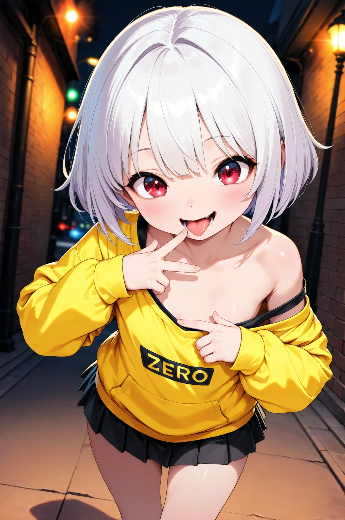 Little girl, 1 Girl, 6 year old girl, BRICK WALL FACE :1.2, Street lamp, solo, ((year zero, tongue)), 4 fingers:1.2, Off Shoulder, mini skirt, Pay attention to light and shadow in every detail, blurred background, (Highest Quality:1.2, 4K, 8k, Very Detailed, attention to detail, masterpiece:1.2, Ultimate aesthetics),