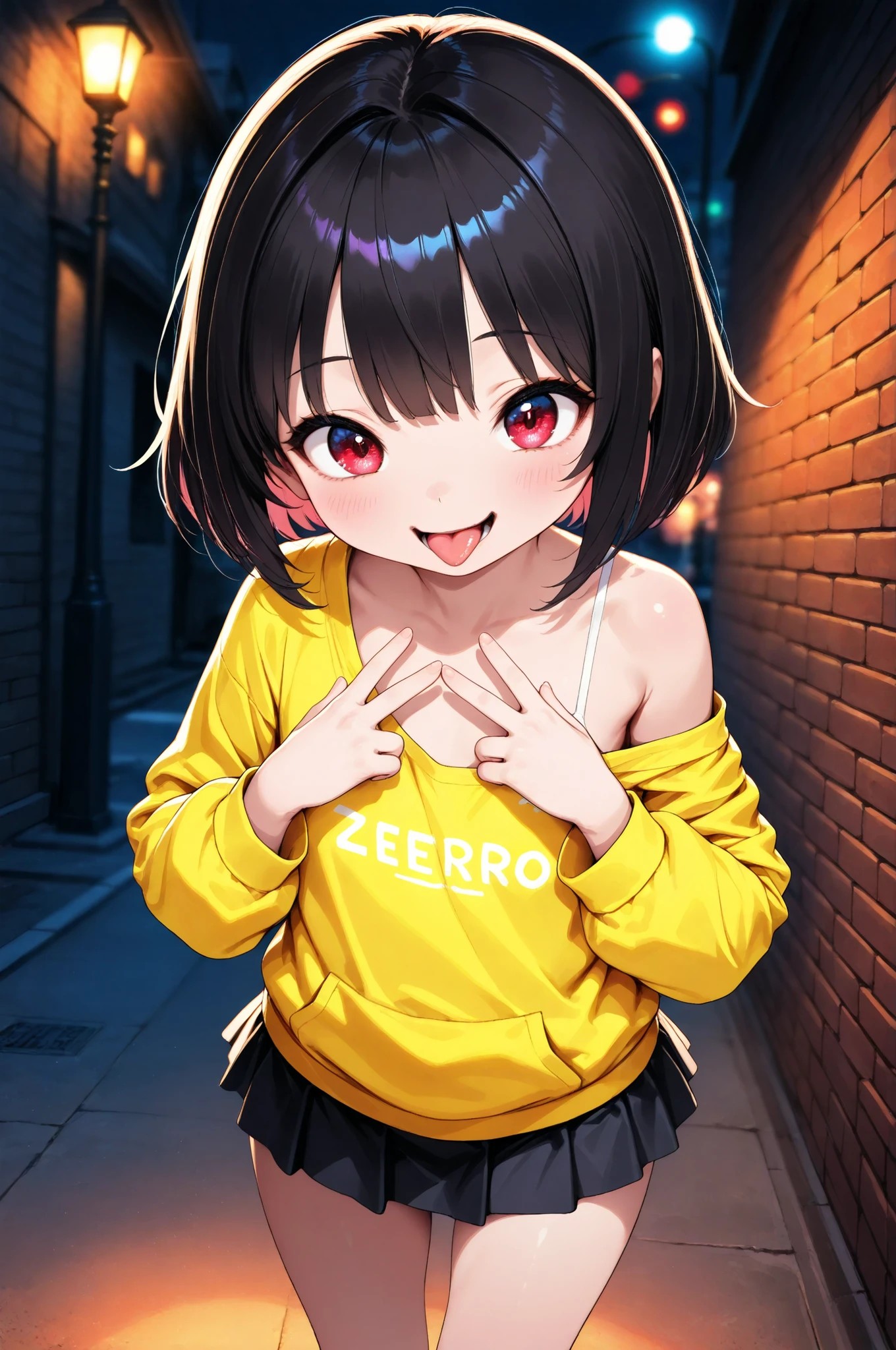 Little girl, 1 Girl, 6 year old girl, BRICK WALL FACE :1.2, Street lamp, solo, ((year zero, tongue)), 4 fingers:1.2, Off Shoulder, mini skirt, Pay attention to light and shadow in every detail, blurred background, (Highest Quality:1.2, 4K, 8k, Very Detailed, attention to detail, masterpiece:1.2, Ultimate aesthetics),