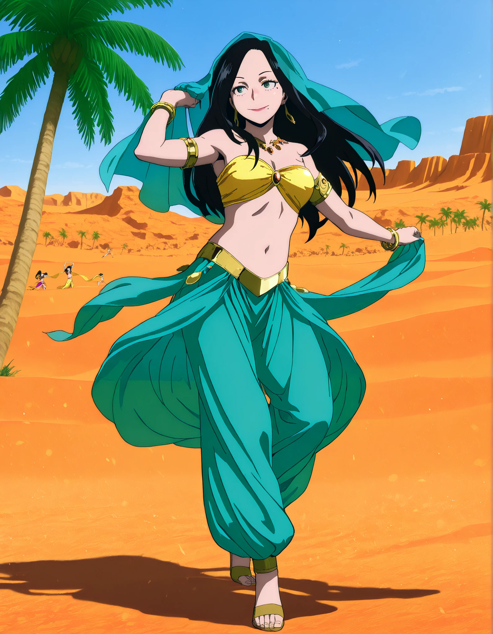 1girl:1 . 5) , (Seul:1 . 5) , score_9 , score_8_haut , score_7_haut , source_anime , Official work  , ultra-detailed , masterpiece , best quality , high resolution , beaux yeux , detailed eyes , Detailed face , beautiful detailed eyes,1girl, black hair, long hair, mole,green eyes,My Hero Academia Vigilantes,Makoto Tsukauchi,Arabian Clothes , Arabian Dancer Outfit ,belly dancer costume,belly dancer outfit ,full body,golden jewelery,armlet, belly dancing,desert lands,palm tree,seductive smile, dancing with veil, dynamic movement,dance posture, seductive pose