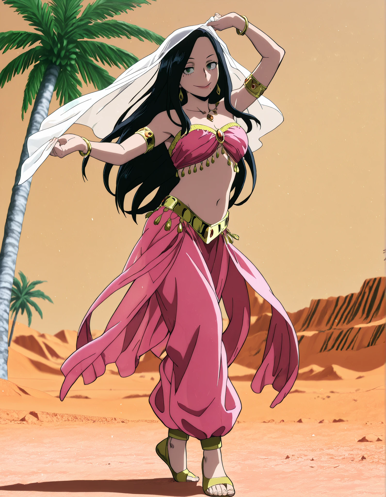 1girl:1 . 5) , (Seul:1 . 5) , score_9 , score_8_haut , score_7_haut , source_anime , Official work  , ultra-detailed , masterpiece , best quality , high resolution , beaux yeux , detailed eyes , Detailed face , beautiful detailed eyes,1girl, black hair, long hair, mole,green eyes,My Hero Academia Vigilantes,Makoto Tsukauchi,Arabian Clothes , Arabian Dancer Outfit ,belly dancer costume,belly dancer outfit ,full body,golden jewelery,armlet, belly dancing,desert lands,palm tree,seductive smile, dancing with veil, dynamic movement,dance posture, seductive pose