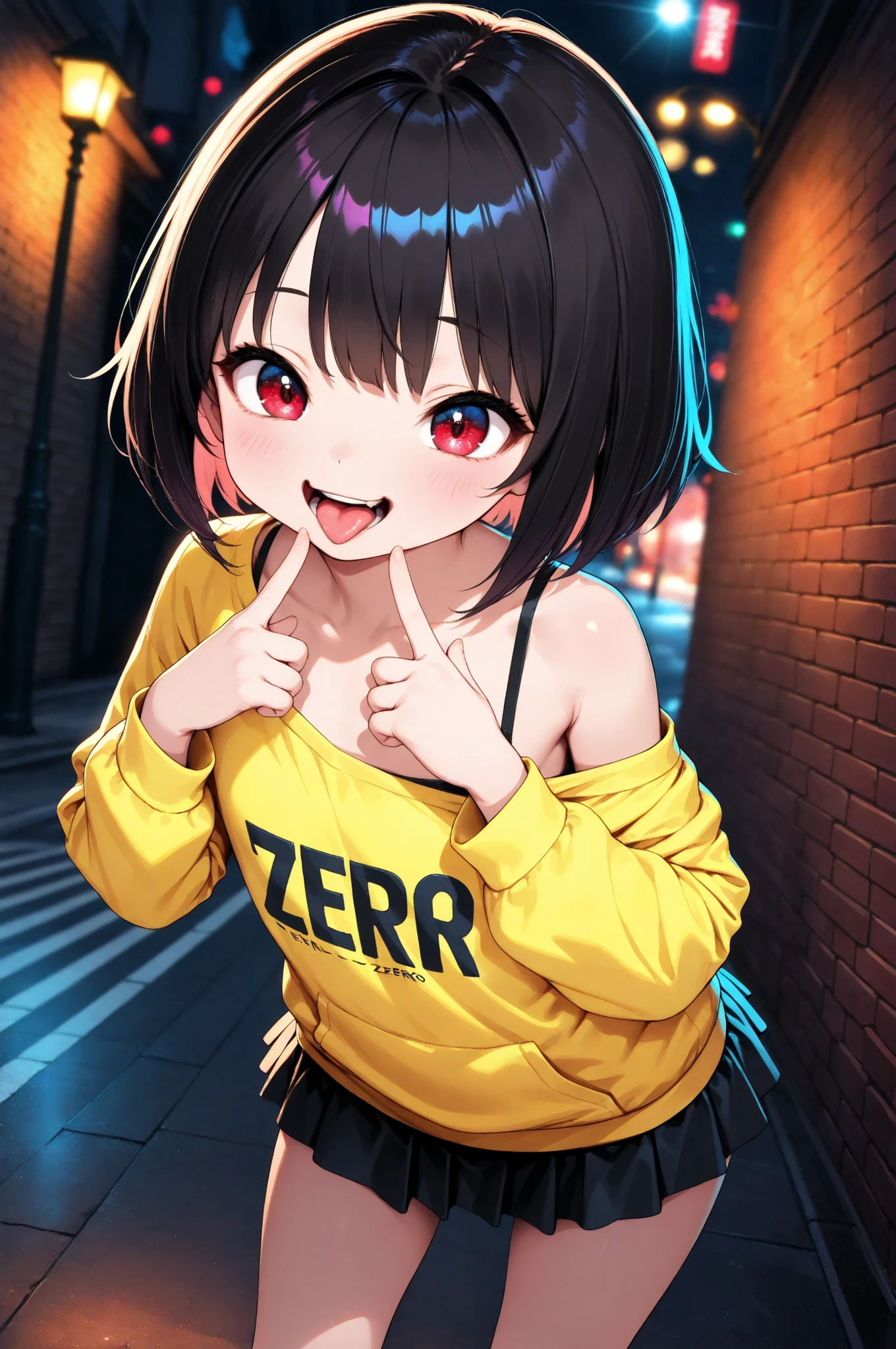 Little girl, 1 Girl, 6 year old girl,  BRICK WALL FACE :1.2, Street lamp, solo, ((year zero, tongue)), 4 fingers:1.2, Off Shoulder, mini skirt, Pay attention to light and shadow in every detail, blurred background, (Highest Quality:1.2, 4K, 8k, Very Detailed, attention to detail, masterpiece:1.2, Ultimate aesthetics),