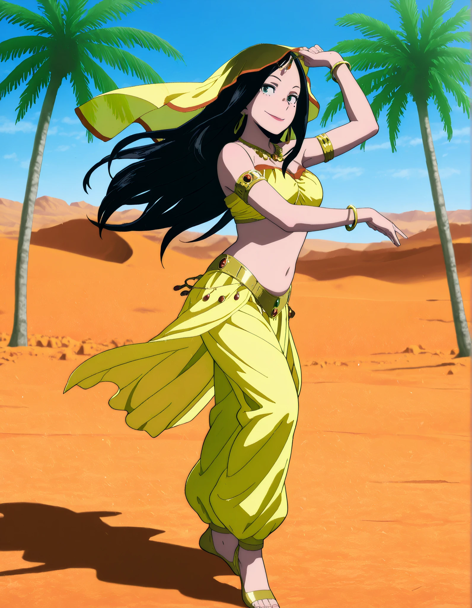 1girl:1 . 5) , (Seul:1 . 5) , score_9 , score_8_haut , score_7_haut , source_anime , Official work  , ultra-detailed , masterpiece , best quality , high resolution , beaux yeux , detailed eyes , Detailed face , beautiful detailed eyes,1girl, black hair, long hair, mole,green eyes,My Hero Academia Vigilantes,Makoto Tsukauchi,Arabian Clothes , Arabian Dancer Outfit ,belly dancer costume,belly dancer outfit ,full body,golden jewelery,armlet, belly dancing,desert lands,palm tree,seductive smile, dancing with veil, dynamic movement,dance posture, seductive pose