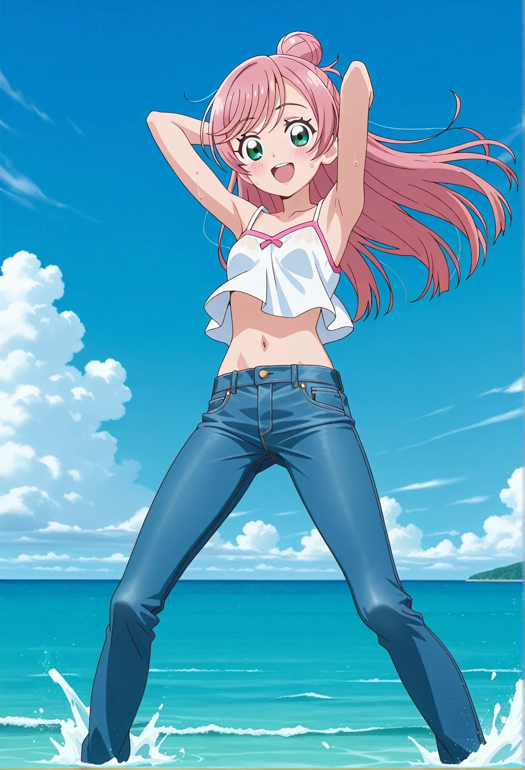 score_9, score_8_up, score_7_up, source_anime, highres, hi res, ((best quality, top quality, perfect quality, Highest Quality, amazing quality)), {{masterpiece}}, {{an extremely delicate and beautiful}}, 2d, intricate details, official style, anime, 8k, anime style, official_anime, official art, digital painting, cell shading, soft shading, high resolution, soothing tones, Subdued Color, Soft cinematic light, adobe lightroom, photolab, HDR, intricately and hyper-detailed, ((high quality animation)), 1 girl, Alone, solo, ((ocean)), tsunami, on the water, day, sunny, outdoors, sky, windy, nijigaoka mashiro, Hirogaru Sky! Precure, green eyes, long hair, pink hair, hair bun, anime screencap, small breasts, white camisole top, crop top, white crop top, best quality, hyper-detailed jeans, ((blue jeans:1.9)), (dark blue jeans:0.6), full medium body, medium shot, Open mouth, smiling, happy face, blush, sweat, standing, ((arms behind head:6.0)), ((perfect arm line:2.5)), bowlegged, jumping pose, action, looking at viewer, spread legs, Bend knees slightly, straight-on front view