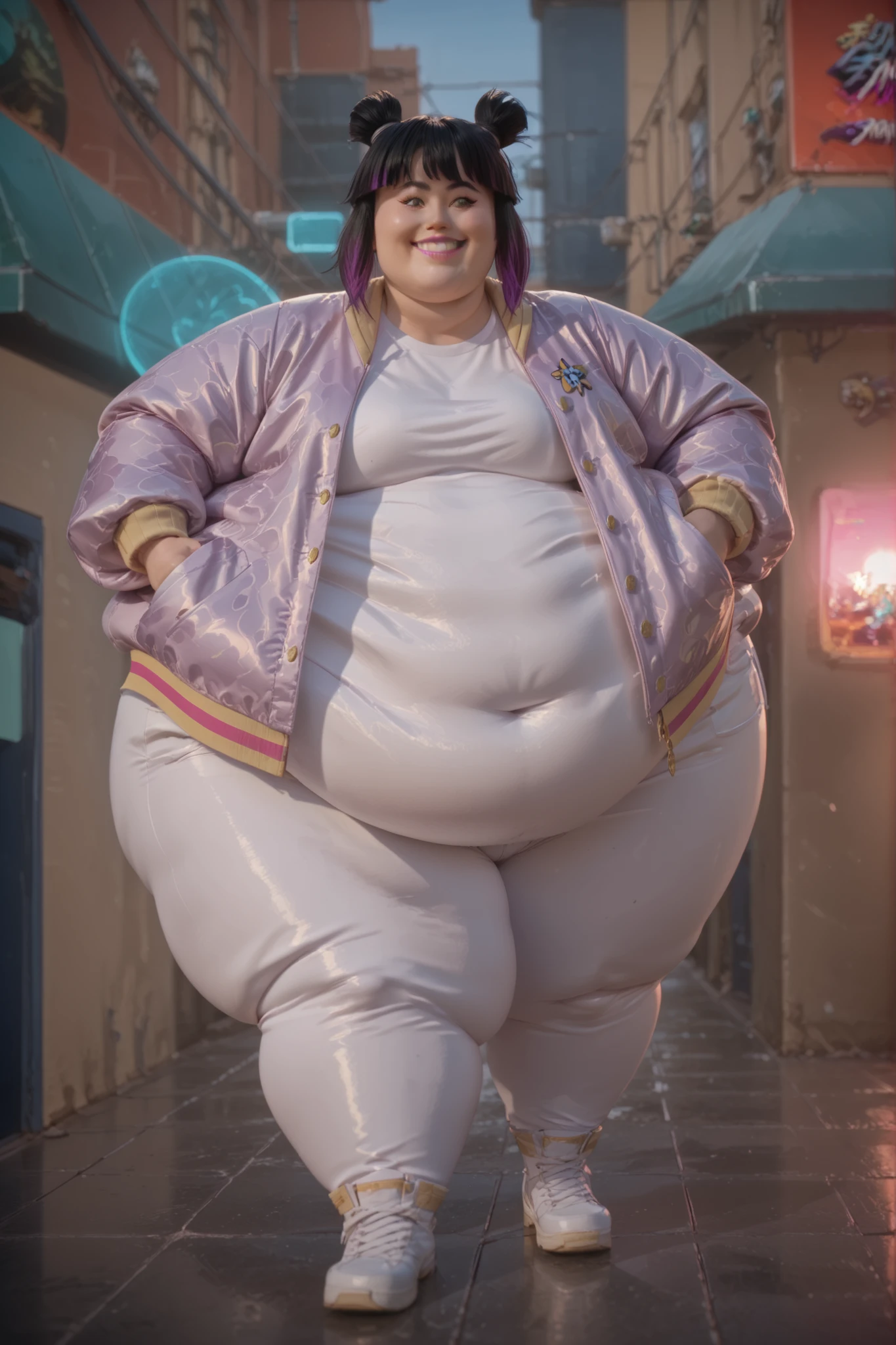 masterpiece, best quality, 1girl, solo, straight bangs, pale pink lipstick,, short chin-length black hair with two small pigtails, Mei lmk, two dyed purple highlights framing her face, white shirt and pants, purple and white jacket, full body, hyper fat, hyper obese, smile, outdoors, city, dynamic angle, action pose
