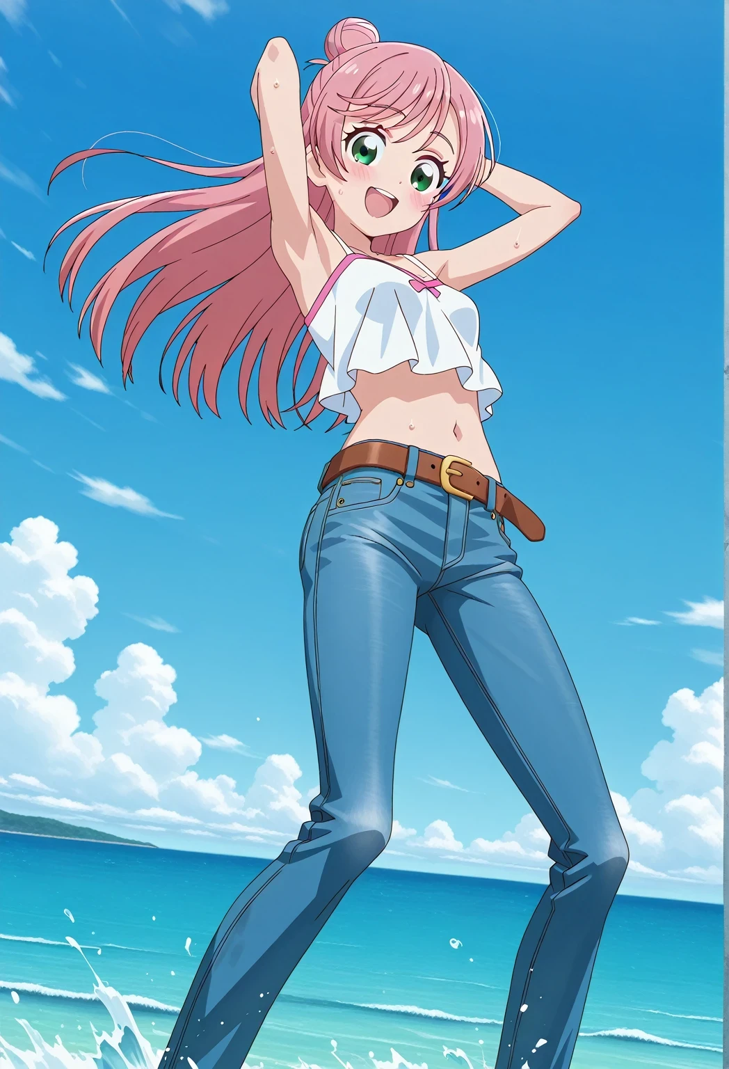 score_9, score_8_up, score_7_up, source_anime, highres, hi res, ((best quality, top quality, perfect quality, Highest Quality, amazing quality)), {{masterpiece}}, {{an extremely delicate and beautiful}}, 2d, intricate details, official style, anime, 8k, anime style, official_anime, official art, digital painting, cell shading, soft shading, high resolution, soothing tones, Subdued Color, Soft cinematic light, adobe lightroom, photolab, HDR, intricately and hyper-detailed, ((high quality animation)), 1 girl, Alone, solo, ((ocean)), tsunami, on the water, day, sunny, outdoors, sky, windy, nijigaoka mashiro, Hirogaru Sky! Precure, green eyes, long hair, pink hair, hair bun, anime screencap, small breasts, white camisole top, crop top, white crop top, best quality, hyper-detailed jeans, belt, brown belt, ((blue jeans:1.9)), (dark blue jeans:0.6), full medium body, medium shot, Open mouth, smiling, happy face, blush, sweat, standing, ((arms behind head:6.0)), ((perfect arm line:2.5)), bowlegged, jumping pose, action, looking at viewer, spread legs, Bend knees slightly, straight-on front view