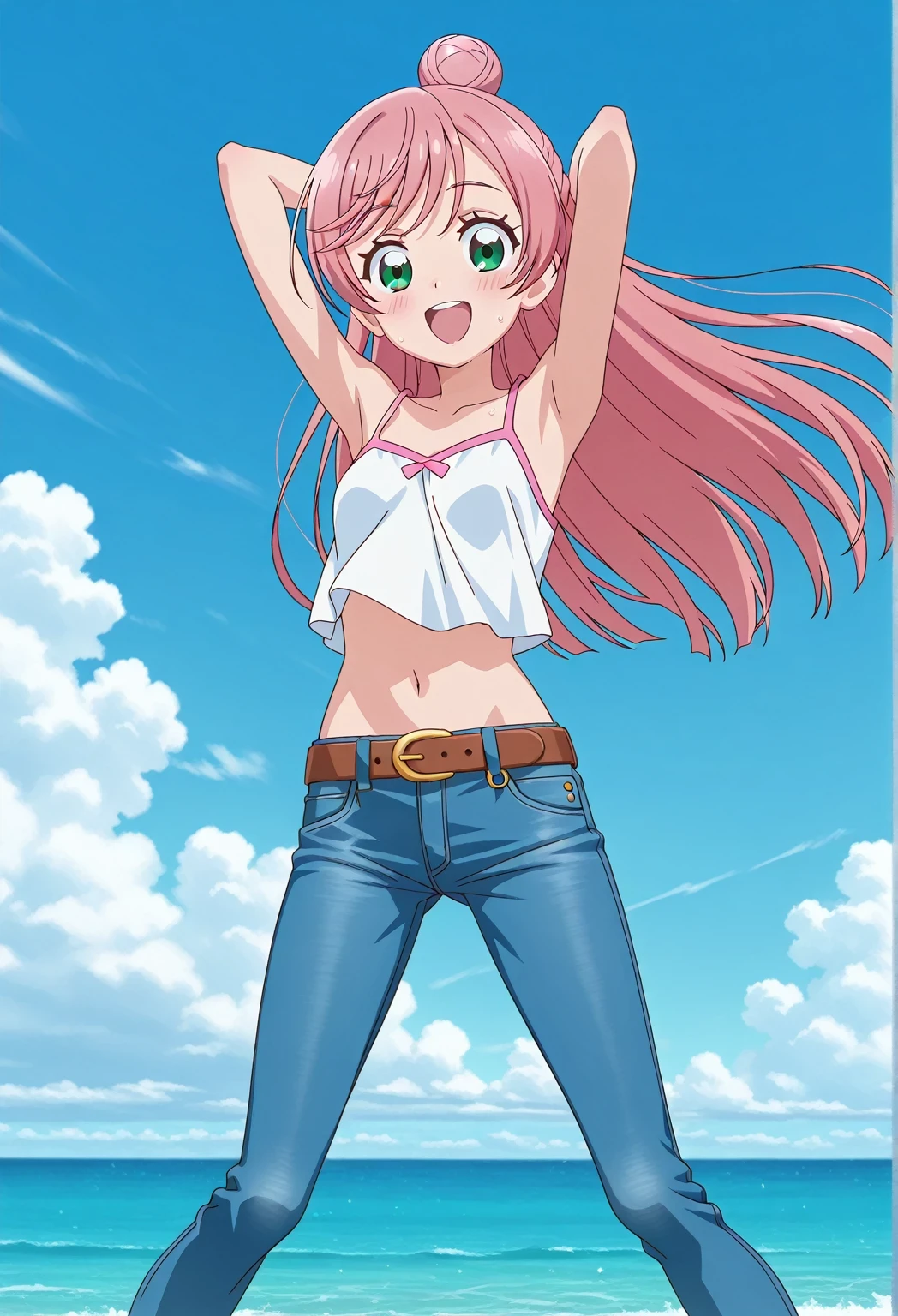score_9, score_8_up, score_7_up, source_anime, highres, hi res, ((best quality, top quality, perfect quality, Highest Quality, amazing quality)), {{masterpiece}}, {{an extremely delicate and beautiful}}, 2d, intricate details, official style, anime, 8k, anime style, official_anime, official art, digital painting, cell shading, soft shading, high resolution, soothing tones, Subdued Color, Soft cinematic light, adobe lightroom, photolab, HDR, intricately and hyper-detailed, ((high quality animation)), 1 girl, Alone, solo, ((ocean)), tsunami, on the water, day, sunny, outdoors, sky, windy, nijigaoka mashiro, Hirogaru Sky! Precure, green eyes, long hair, pink hair, hair bun, anime screencap, small breasts, white camisole top, crop top, white crop top, best quality, hyper-detailed jeans, belt, brown belt, ((blue jeans:1.9)), (dark blue jeans:0.6), full medium body, medium shot, Open mouth, smiling, happy face, blush, sweat, standing, ((arms behind head:6.0)), ((perfect arm line:2.5)), bowlegged, jumping pose, action, looking at viewer, spread legs, Bend knees slightly, straight-on front view