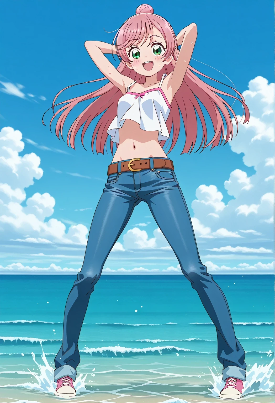 score_9, score_8_up, score_7_up, source_anime, highres, hi res, ((best quality, top quality, perfect quality, Highest Quality, amazing quality)), {{masterpiece}}, {{an extremely delicate and beautiful}}, 2d, intricate details, official style, anime, 8k, anime style, official_anime, official art, digital painting, cell shading, soft shading, high resolution, soothing tones, Subdued Color, Soft cinematic light, adobe lightroom, photolab, HDR, intricately and hyper-detailed, ((high quality animation)), 1 girl, Alone, solo, ((ocean)), tsunami, on the water, day, sunny, outdoors, sky, windy, nijigaoka mashiro, Hirogaru Sky! Precure, green eyes, long hair, pink hair, hair bun, anime screencap, small breasts, white camisole top, crop top, white crop top, best quality, hyper-detailed jeans, belt, brown belt, ((blue jeans:1.9)), (dark blue jeans:0.6), full medium body, medium shot, Open mouth, smiling, happy face, blush, sweat, standing, ((arms behind head:6.0)), ((perfect arm line:2.5)), bowlegged, jumping pose, action, looking at viewer, spread legs, Bend knees slightly, straight-on front view