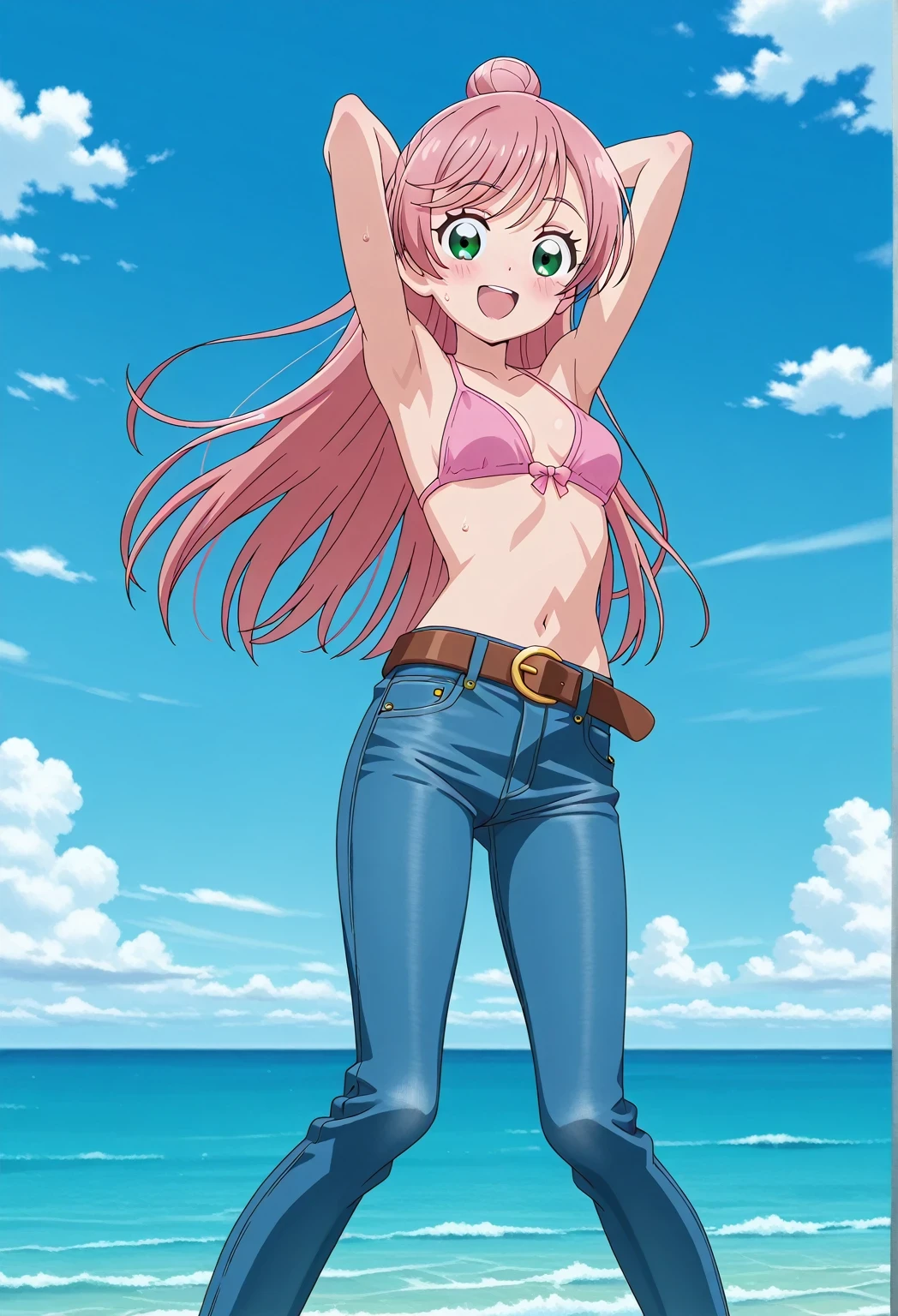 score_9, score_8_up, score_7_up, source_anime, highres, hi res, ((best quality, top quality, perfect quality, Highest Quality, amazing quality)), {{masterpiece}}, {{an extremely delicate and beautiful}}, 2d, intricate details, official style, anime, 8k, anime style, official_anime, official art, digital painting, cell shading, soft shading, high resolution, soothing tones, Subdued Color, Soft cinematic light, adobe lightroom, photolab, HDR, intricately and hyper-detailed, ((high quality animation)), 1 girl, Alone, solo, ((ocean)), tsunami, on the water, day, sunny, outdoors, sky, windy, nijigaoka mashiro, Hirogaru Sky! Precure, green eyes, long hair, pink hair, hair bun, anime screencap, small breasts, pink bikini top, best quality, hyper-detailed jeans, belt, brown belt, ((blue jeans:1.9)), (dark blue jeans:0.6), full medium body, medium shot, Open mouth, smiling, happy face, blush, sweat, standing, ((arms behind head:6.0)), ((perfect arm line:2.5)), bowlegged, jumping pose, action, looking at viewer, spread legs, Bend knees slightly, straight-on front view