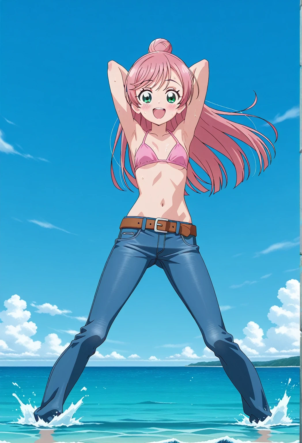 score_9, score_8_up, score_7_up, source_anime, highres, hi res, ((best quality, top quality, perfect quality, Highest Quality, amazing quality)), {{masterpiece}}, {{an extremely delicate and beautiful}}, 2d, intricate details, official style, anime, 8k, anime style, official_anime, official art, digital painting, cell shading, soft shading, high resolution, soothing tones, Subdued Color, Soft cinematic light, adobe lightroom, photolab, HDR, intricately and hyper-detailed, ((high quality animation)), 1 girl, Alone, solo, ((ocean)), tsunami, on the water, day, sunny, outdoors, sky, windy, nijigaoka mashiro, Hirogaru Sky! Precure, green eyes, long hair, pink hair, hair bun, anime screencap, small breasts, pink bikini top, best quality, hyper-detailed jeans, belt, brown belt, ((blue jeans:1.9)), (dark blue jeans:0.6), full medium body, medium shot, Open mouth, smiling, happy face, blush, sweat, standing, ((arms behind head:6.0)), ((perfect arm line:2.5)), bowlegged, jumping pose, action, looking at viewer, spread legs, Bend knees slightly, straight-on front view