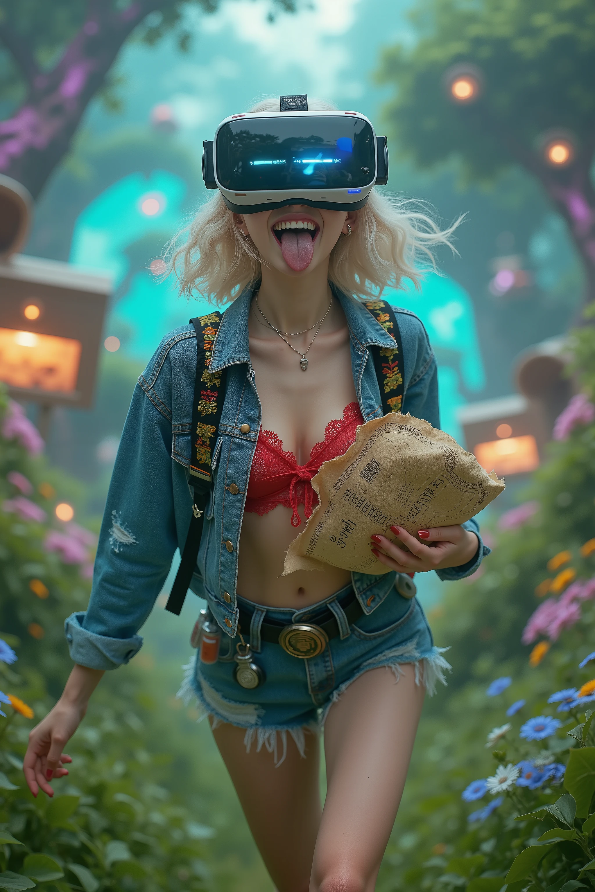 Photorealistic 8K ultra-detailed photo in the style of professional digital art photography by Nikon D850, ethereal VR glow and floating particle effects in a virtual realm, a 16-17-year-old Japanese girl with soft wavy blonde bob haircut peeking from under oversized VR goggles, expressive brown almond eyes peeking out mischievously above the lenses, wide giggling smile with tongue out in delight like discovering treasure, youthful fair skin with a magical pixel freckle filter, dressed in an unbuttoned faded denim jacket layered with glowing LED straps over intricate lacy red bralette, frayed short denim shorts unzipped and paired with a utility belt holding potion-like crypto vials, barefoot in a virtual meadow for whimsical touch, exploring a lush metaverse landscape with floating blockchain islands, pixelated treasure chests spilling Ethereum coins, and whimsical animal avatars in the background, cute pose skipping forward with one hand clutching a holographic treasure map, the other hugging a giant plush Solana coin to her chest while laughing heartily, soft motion blur on floating particles and her bouncing hair, bokeh on distant metaverse portals, intricate details on VR reflections, fabric glows, and coin engravings, dreamy palette with neon greens, purples, and shimmering silvers, flawless proportions.