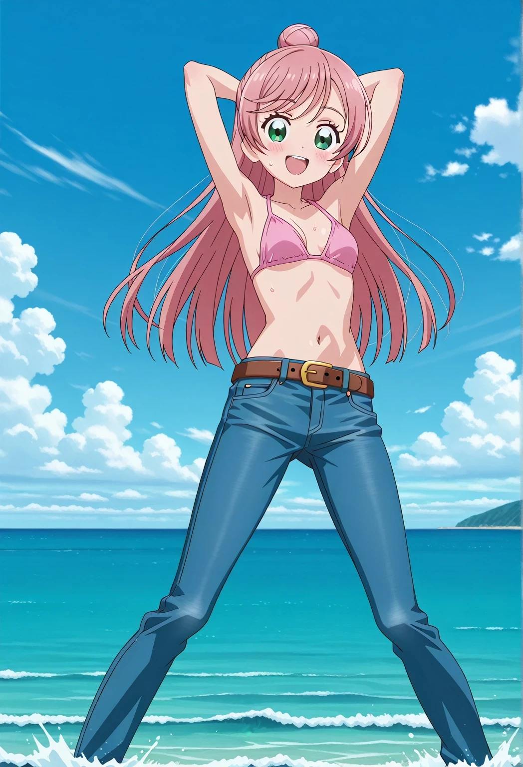 score_9, score_8_up, score_7_up, source_anime, highres, hi res, ((best quality, top quality, perfect quality, Highest Quality, amazing quality)), {{masterpiece}}, {{an extremely delicate and beautiful}}, 2d, intricate details, official style, anime, 8k, anime style, official_anime, official art, digital painting, cell shading, soft shading, high resolution, soothing tones, Subdued Color, Soft cinematic light, adobe lightroom, photolab, HDR, intricately and hyper-detailed, ((high quality animation)), 1 girl, Alone, solo, ((ocean)), tsunami, on the water, day, sunny, outdoors, sky, windy, nijigaoka mashiro, Hirogaru Sky! Precure, green eyes, long hair, pink hair, hair bun, anime screencap, small breasts, pink bikini top, best quality, hyper-detailed jeans, belt, brown belt, ((blue jeans:1.9)), (dark blue jeans:0.6), full medium body, medium shot, Open mouth, smiling, happy face, blush, sweat, standing, ((arms behind head:6.0)), ((perfect arm line:2.5)), bowlegged, jumping pose, action, looking at viewer, spread legs, Bend knees slightly, straight-on front view