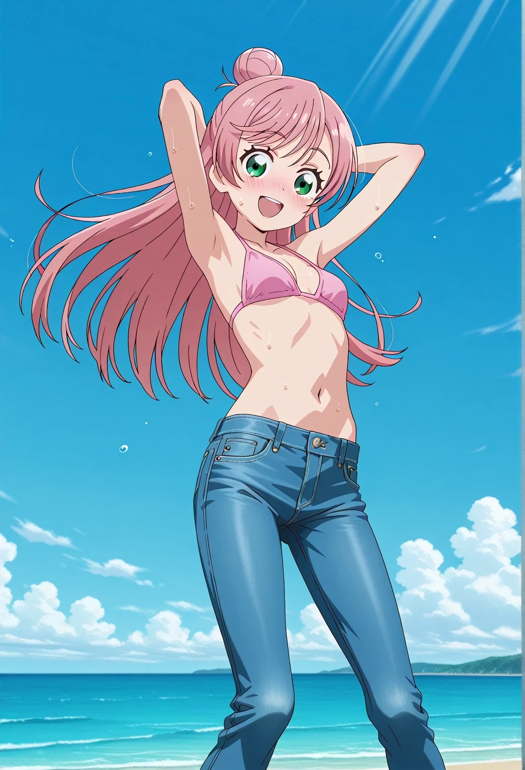 score_9, score_8_up, score_7_up, source_anime, highres, hi res, ((best quality, top quality, perfect quality, Highest Quality, amazing quality)), {{masterpiece}}, {{an extremely delicate and beautiful}}, 2d, intricate details, official style, anime, 8k, anime style, official_anime, official art, digital painting, cell shading, soft shading, high resolution, soothing tones, Subdued Color, Soft cinematic light, adobe lightroom, photolab, HDR, intricately and hyper-detailed, ((high quality animation)), 1 girl, Alone, solo, ((ocean)), tsunami, on the water, day, sunny, outdoors, sky, windy, nijigaoka mashiro, Hirogaru Sky! Precure, green eyes, long hair, pink hair, hair bun, anime screencap, small breasts, pink bikini top, best quality, hyper-detailed jeans, ((blue jeans:1.9)), (dark blue jeans:0.6), full medium body, medium shot, Open mouth, smiling, happy face, blush, sweat, standing, ((arms behind head:6.0)), ((perfect arm line:2.5)), bowlegged, jumping pose, action, looking at viewer, spread legs, Bend knees slightly, straight-on front view