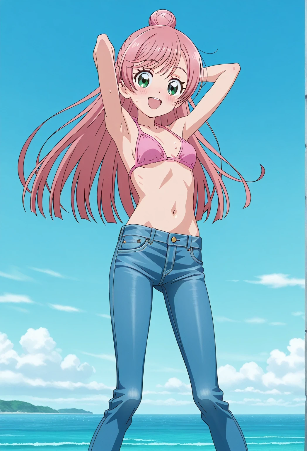 score_9, score_8_up, score_7_up, source_anime, highres, hi res, ((best quality, top quality, perfect quality, Highest Quality, amazing quality)), {{masterpiece}}, {{an extremely delicate and beautiful}}, 2d, intricate details, official style, anime, 8k, anime style, official_anime, official art, digital painting, cell shading, soft shading, high resolution, soothing tones, Subdued Color, Soft cinematic light, adobe lightroom, photolab, HDR, intricately and hyper-detailed, ((high quality animation)), 1 girl, Alone, solo, ((ocean)), tsunami, on the water, day, sunny, outdoors, sky, windy, nijigaoka mashiro, Hirogaru Sky! Precure, green eyes, long hair, pink hair, hair bun, anime screencap, small breasts, pink bikini top, best quality, hyper-detailed jeans, ((blue jeans:1.9)), (dark blue jeans:0.6), full medium body, medium shot, Open mouth, smiling, happy face, blush, sweat, standing, ((arms behind head:6.0)), ((perfect arm line:2.5)), bowlegged, jumping pose, action, looking at viewer, spread legs, Bend knees slightly, straight-on front view
