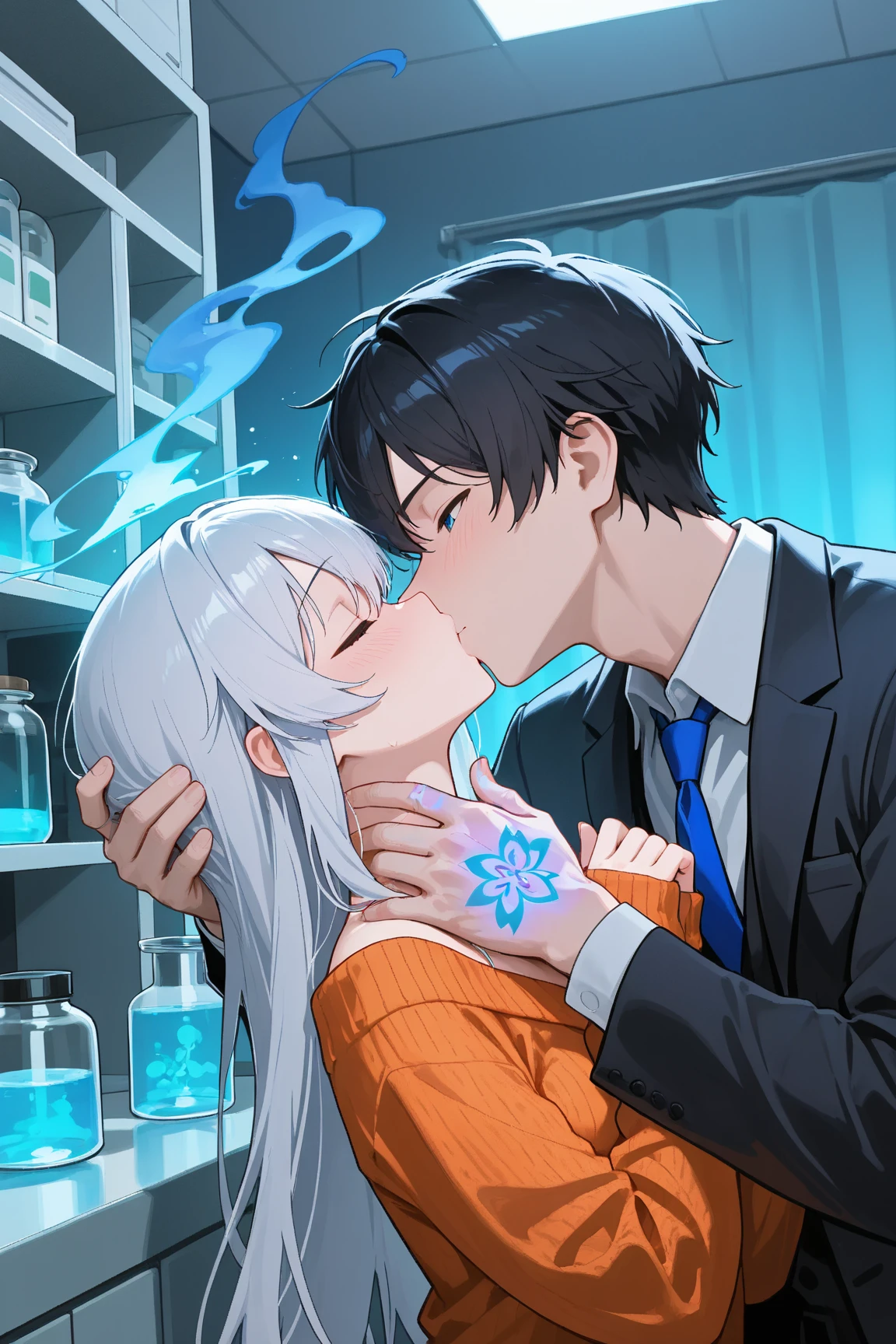 yinji,1 girl and one boy，grabbing breast,purple_hair,purple_Eye,Very_long_hair,grey_hair,Braided_Ponytail,big breast, Red hair boy，Wearing a white shirt，Very handsome red hair boy，With purple hairHolding Hands，girl and boy big kissing big breast ,  girl and boy hugging tightly slope_hair, The background is dreamy