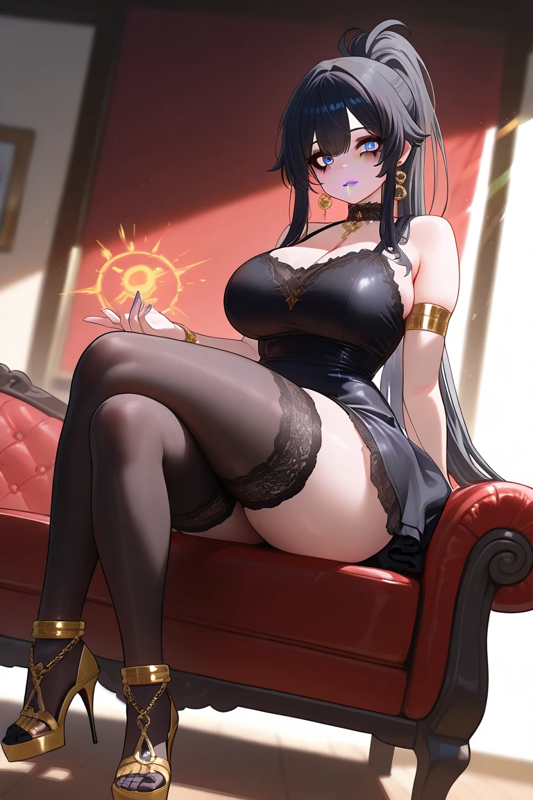 (masterpiece, best quality), best resolution, (2heads:1.5), 1girl, black hair, loose let down hair, long wavy hair, deep red eyes, evil smile, evil aura, black smelting halo above head, side boob, hellish dark violet dress, gold accessories, sandals, goddess of chaos, black choker, wearing rings, wearing necklace with red gemstone, warm colours, sitting on a throne, crossed legs, ???? pose