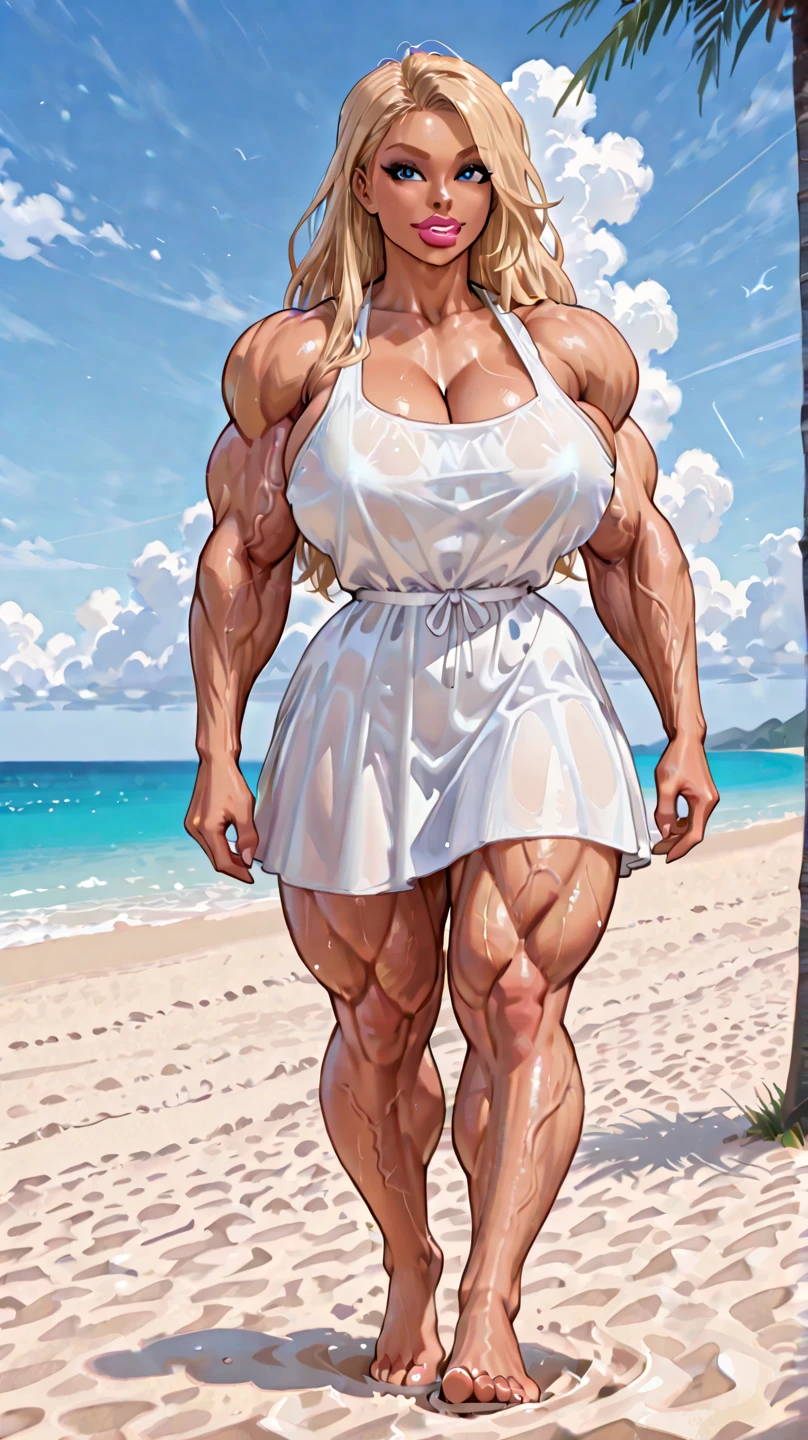 standing straight symmetrical, full body, (Best quality, 4k, Masterpiece :1.3), beautiful woman, hyper realistic, 1girl, (droopy , attractive body :1.2), sit-ups :1.1, LONG BLONDE hair: 1.1, (wet rainy, wet by rain, wet body :1.2), ultra-detailed face, detailed lips, detailed eyes, double eyelid,  low-necked dress, open neckline, hanging , side pose, visible curves, pool party, poolside, silver transparent mantle,sunglasses, muscular MILF