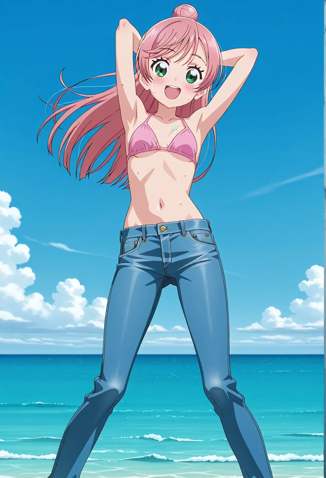 score_9, score_8_up, score_7_up, source_anime, highres, hi res, ((best quality, top quality, perfect quality, Highest Quality, amazing quality)), {{masterpiece}}, {{an extremely delicate and beautiful}}, 2d, intricate details, official style, anime, 8k, anime style, official_anime, official art, digital painting, cell shading, soft shading, high resolution, soothing tones, Subdued Color, Soft cinematic light, adobe lightroom, photolab, HDR, intricately and hyper-detailed, ((high quality animation)), 1 girl, Alone, solo, ((ocean)), tsunami, on the water, day, sunny, outdoors, sky, windy, nijigaoka mashiro, Hirogaru Sky! Precure, green eyes, long hair, pink hair, hair bun, anime screencap, small breasts, pink bikini top, best quality, hyper-detailed jeans, ((blue jeans:1.9)), (dark blue jeans:0.6), full medium body, medium shot, Open mouth, smiling, happy face, blush, sweat, standing, ((arms behind head:6.0)), ((perfect arm line:2.5)), bowlegged, jumping pose, action, looking at viewer, spread legs, Bend knees slightly, straight-on front view